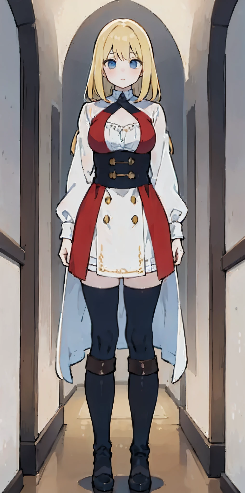 (masterpiece, best quality:1.2), 1girl, blonde, Demikin Fantasy Race, solo, Roxanne, Slave, Roxanne Slave Harem in the Labyrinth of the Other World, full body, toe to head, standing straight symmetrical