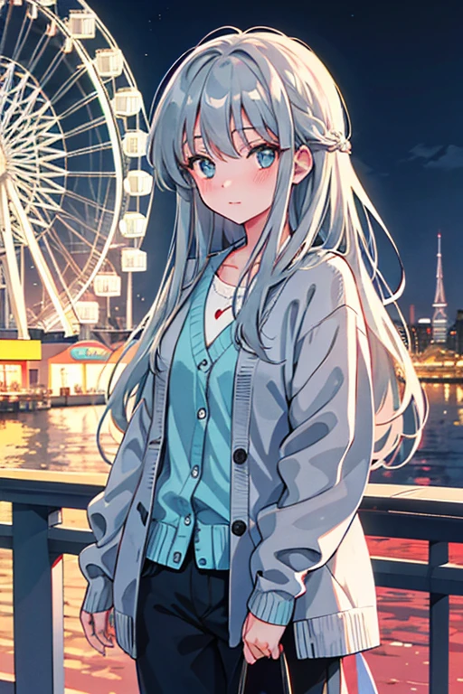 long hair, grey hair, aqua eyes, cardigan, standing, Blushing, Fair skin, outdoors, ferris wheel, looking at viewer, 1990s (style), --niji 5  --ar 2:3 --s 100
