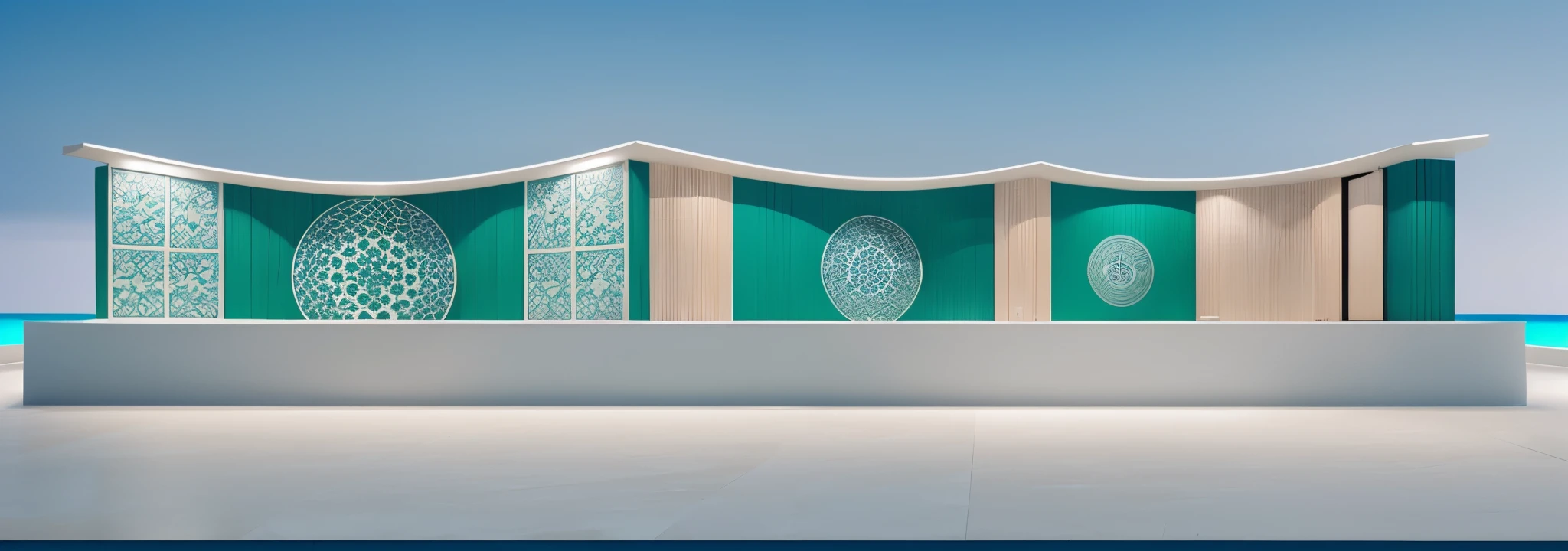 chinese booth 3d rendering, o keremeanu national festival, white walls, blue-green tones, round glass windows, traditional maori design, chinese hanging, brand logo, minimal chinese panels, ocean waves, rendered in cinema4d, miwa komatsu, print ads, high contrast shadows