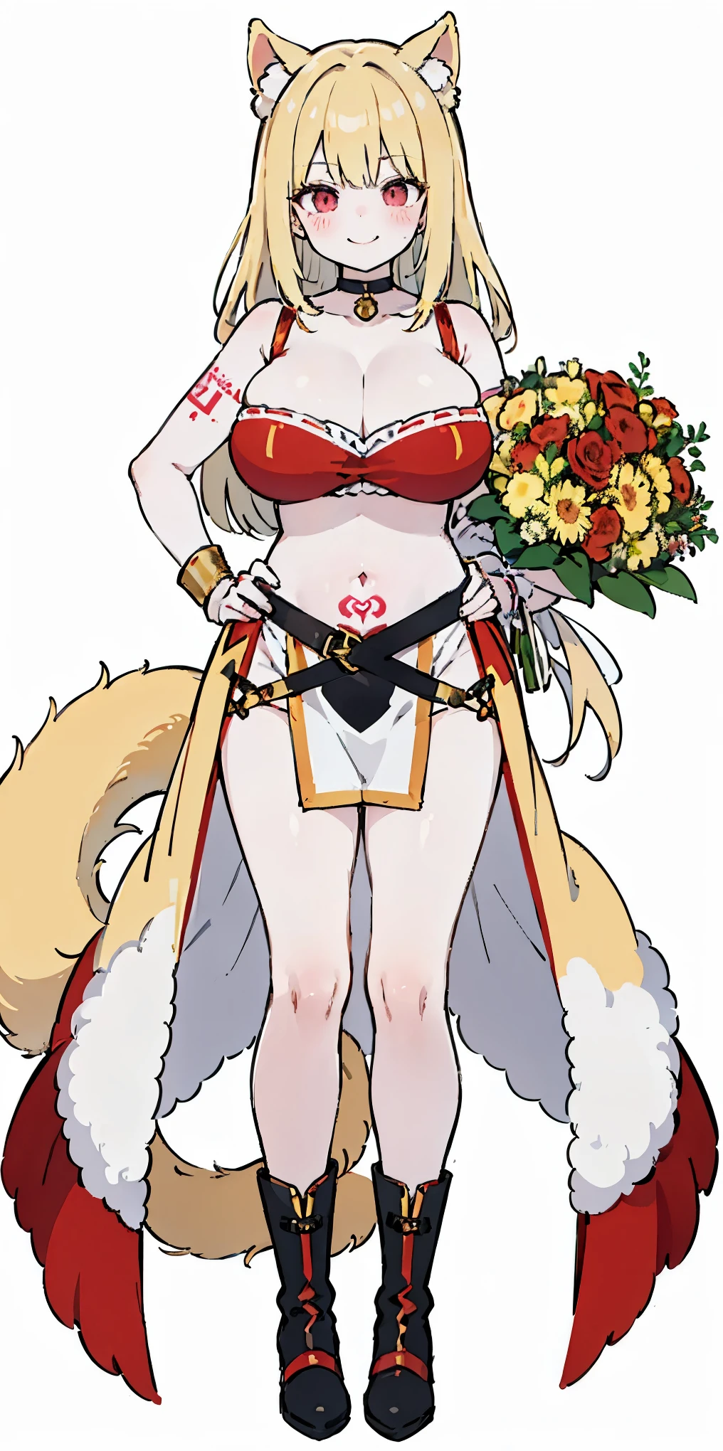 Female full body standing symmetrical lustful smirking smile face (red blush), holding bouquet of flowers, holding both hands, full body toe to head, feet together, high boots, big breast, hands on hips. (red tattoo on belly, white background, long tail, fluffy dog ears), black choker on neck, golden bracers on knees and wristband on arms