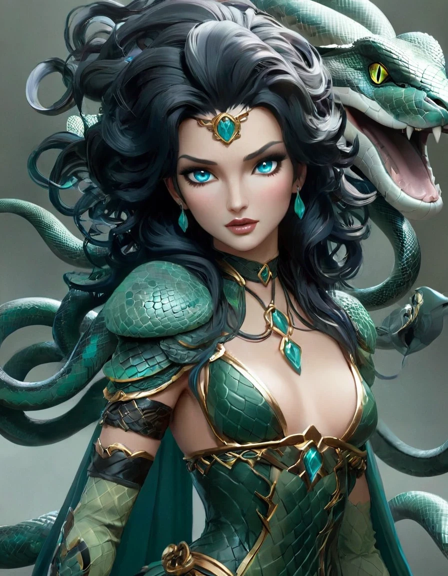 The beautiful Medusa, a human-headed snake-bodied monster, kept her upper body in the form of a human female, while her lower body had a snake tail, petal-like delicate lips, and her clear, beautiful eyes turned into turquoise-blue pupils that flickered with a demonic light. The original flowing hair turned into a long black hair made up of many venomous snakes, and many snake scales grew on her black arms, her delicate figure and smooth jade-like skin. Her voice carries the slightest hint of pettiness, and she specializes in charming her opponents into letting their guard down.