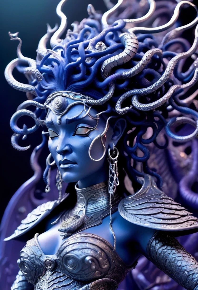 Close-up of a Medusa wearing a very strange costume, complex clothing design, dreamworks animated bjork, james cameron avatar style, fantasy movie, Cyberpunk Elf Queen, Emma Watson plays the Snow Queen, Warhammer Nagash Haute Couture, Thierry Muller, 《Coraline》"The Other Mother" in