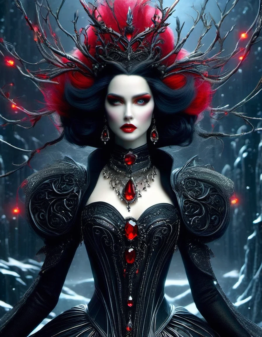 Gothic style red，Greek mythology Medusa wearing a very strange costume，complex clothing design, dreamworks animated bjork, james cameron avatar style, fantasy movie, Cyberpunk Elf Queen, Emma Watson plays the Snow Queen, Warhammer Nagash Haute Couture, Thierry Muller, 《Coraline》"The Other Mother" in，darkness is always there，Beauty and warmth come from darkness，Gorgeous model，waste plastic，废electric wire、electric wire，dead branches，Decadence scent，Alexander Mcqueen is called the God of Goth， Mcqueen's’ designs always have a strong flavor of gothic asceticism，Religion and decadence give you a heavy visual blow，.gothic style，Savage growth，Born towards the sun！Makeup skips the flashy show，through the clothes in front of me，There are countless kinds of fashion that are hard to see through.，
