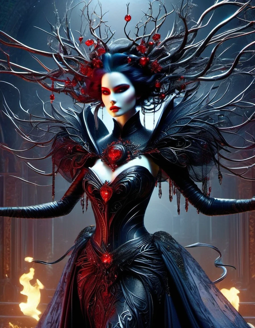 Gothic style red，Greek mythology Medusa wearing a very strange costume，complex clothing design, dreamworks animated bjork, james cameron avatar style, fantasy movie, Cyberpunk Elf Queen, Emma Watson plays the Snow Queen, Warhammer Nagash Haute Couture, Thierry Muller, 《Coraline》&quot;The Other Mother&quot; in，darkness is always there，Beauty and warmth come from darkness，Gorgeous model，waste plastic，废electric wire、electric wire，dead branches，Decadence scent，Alexander Mcqueen is called the God of Goth， Mcqueen&#39;s’ designs always have a strong flavor of gothic asceticism，Religion and decadence give you a heavy visual blow，.gothic style，Savage growth，Born towards the sun！Makeup skips the flashy show，through the clothes in front of me，There are countless kinds of fashion that are hard to see through.，