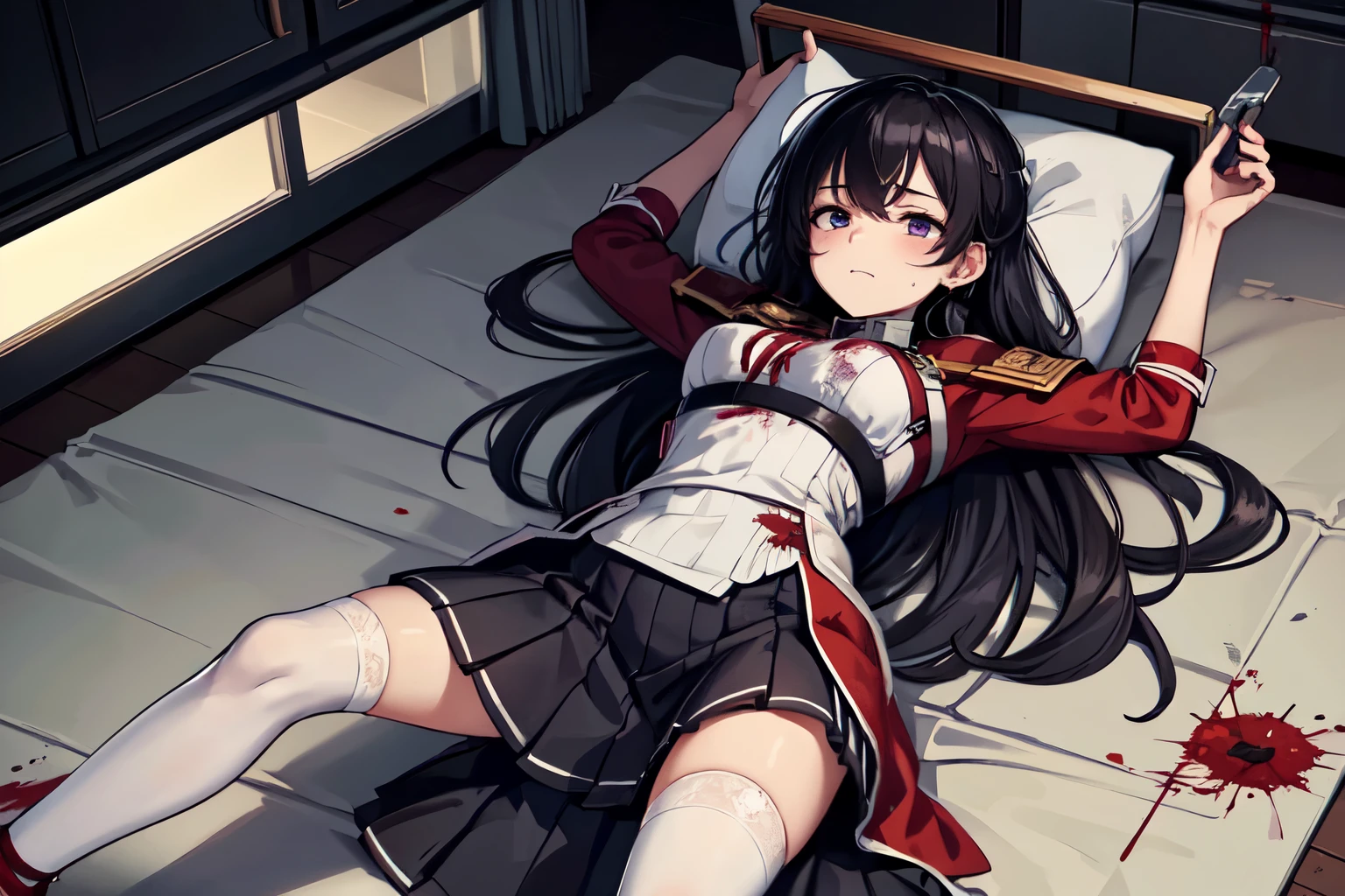 masterpiece,highest quality,very detailed,1 girl,alone,clenched teeth,struggle,closed my eyes,Sweat,Sweatdrop,pain,（nude）
,purple eyes,black hair,long hair,,bondage,
BREAK stretcher,drip,,sleep,sleeping on one&#39;s back,hospital hallway,(((Bloodstained, blood on the body,torn dress, carry))),Facial bandages,emphasis line,