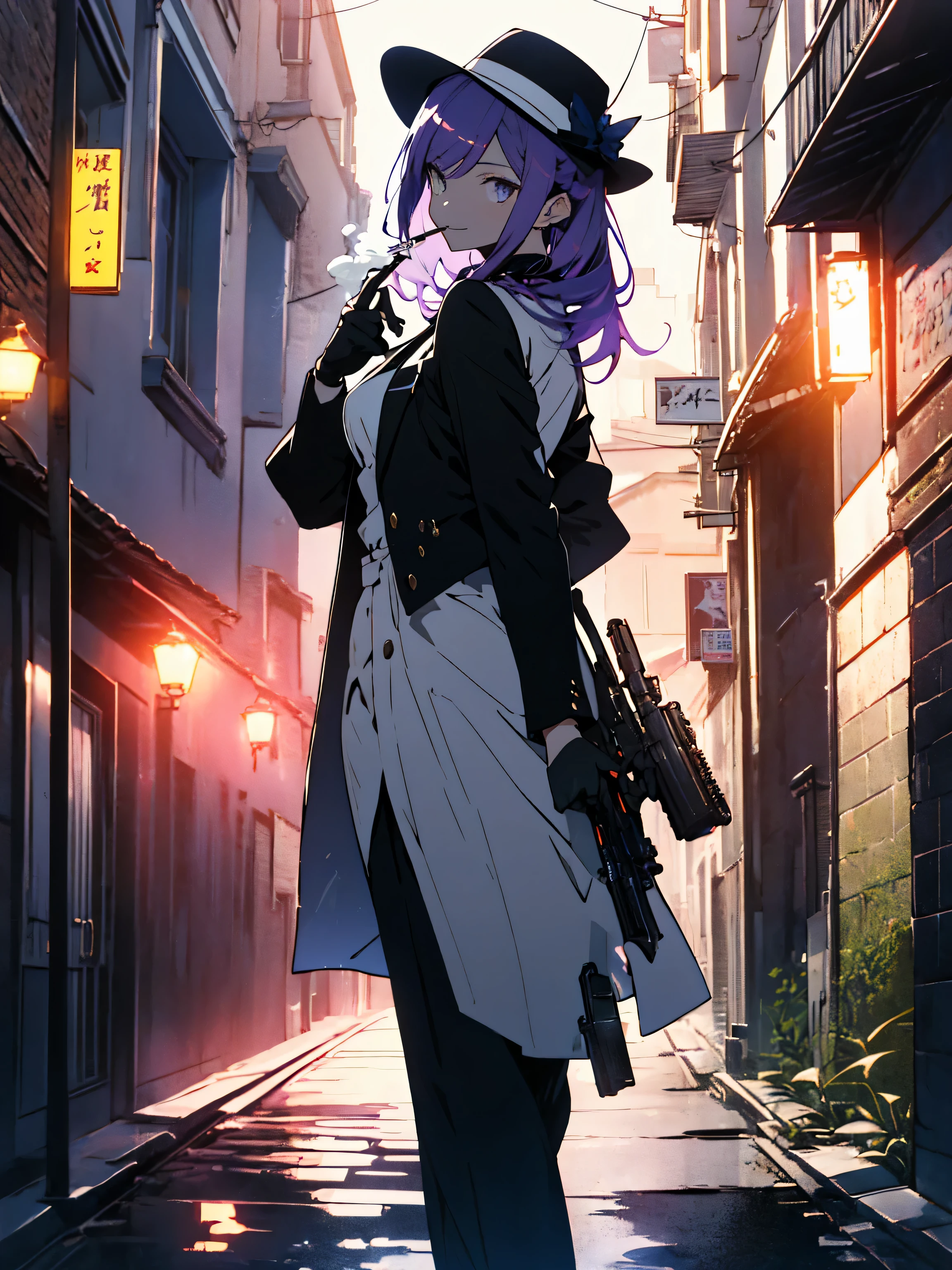 (highest quality、masterpiece、High resolution、detailed)、(Shining eyes、detailed beautiful face)、1 girl 20 years old, Dubious smile, White skin beauty, purple hair、good style、black pants suit、white dress shirt、black wide brimmed hat、black gloves、black pumps、(has a gun in one hand)、(Smoking a cigarette in your mouth)、(mafia image)、(back alleys of europe)、(night)、(beautiful anime)