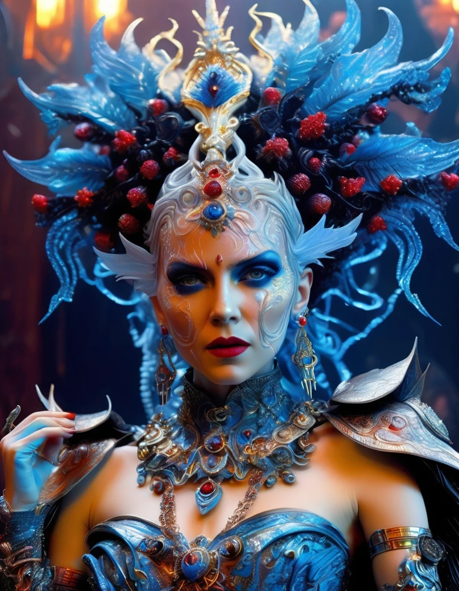 Gothic style red，Greek mythology Medusa wearing a very strange costume，（human head snake body），（snake scale skin），Black smoky makeup，There is red blood in the corner of the eye，Red snake tongue sticking out from open mouth，Blue seductive eyes，In the foreground is the blue laser aurora emitting beams，complex clothing design, dreamworks animated bjork, james cameron avatar style, fantasy movie, Cyberpunk Elf Queen, Emma Watson plays the Snow Queen, Warhammer Nagash Haute Couture, Thierry Muller, 《Coraline》&quot;The Other Mother&quot; in，darkness is always there，Beauty and warmth come from darkness，Gorgeous model，waste plastic，废electric wire、electric wire，dead branches，Decadence scent，Alexander Mcqueen is called the God of Goth， Mcqueen&#39;s’ designs always have a strong flavor of gothic asceticism，Religion and decadence give you a heavy visual blow，.gothic style，Savage growth，Born towards the sun！Makeup skips the flashy show，through the clothes in front of me，There are countless kinds of fashion that are hard to see through.，