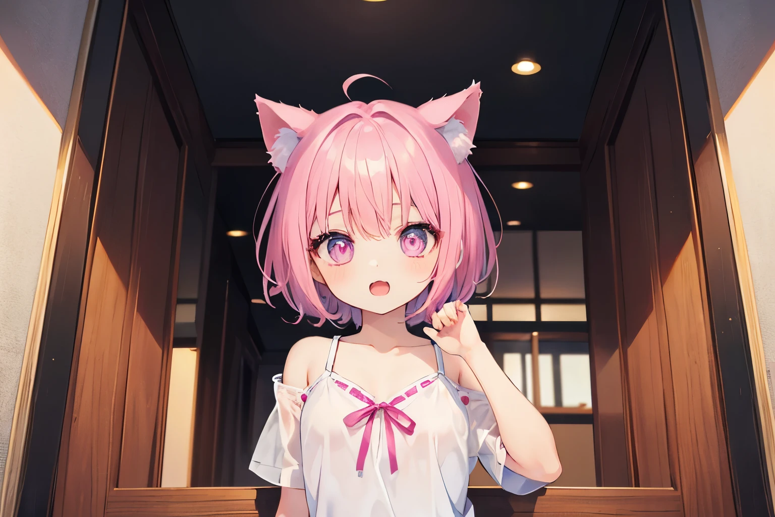 Very beautiful and shining eyes、shining eyes、1 girl、small breasts、big mouth、small breasts、Cat ear、Transparent pink short hair、7 year old girl、childish clothes