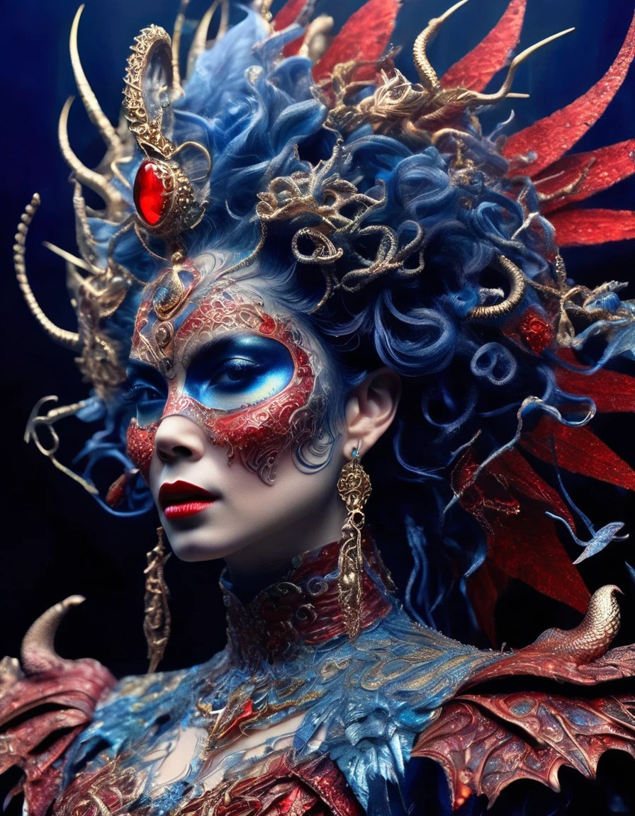 Gothic style red，Greek mythology Medusa wearing a very strange costume，（human head snake body），（Hair made of countless snakes），（snake scale skin），Black smoky makeup，There is red blood in the corner of the eye，Red snake tongue sticking out from open mouth，Blue seductive eyes，In the foreground is the blue laser aurora emitting beams，complex clothing design, dreamworks animated bjork, james cameron avatar style, fantasy movie, Cyberpunk Elf Queen, Emma Watson plays the Snow Queen, Warhammer Nagash Haute Couture, Thierry Muller, 《Coraline》&quot;The Other Mother&quot; in，darkness is always there，Beauty and warmth come from darkness，Gorgeous model，waste plastic，废electric wire、electric wire，dead branches，Decadence scent，Alexander Mcqueen is called the God of Goth， Mcqueen&#39;s’ designs always have a strong flavor of gothic asceticism，Religion and decadence give you a heavy visual blow，.gothic style，Savage growth，Born towards the sun！Makeup skips the flashy show，through the clothes in front of me，There are countless kinds of fashion that are hard to see through