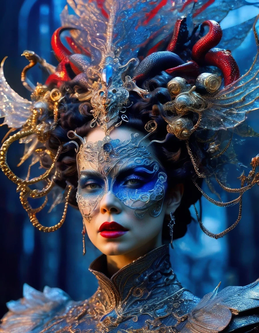 Gothic style red,Greek mythology Medusa wearing a very strange costume,(human head snake body),(Hair made of countless snakes),(snake scale skin),Black smoky makeup,There is red blood in the corner of the eye,Red snake tongue sticking out from open mouth,Blue seductive eyes,In the foreground is the blue laser aurora emitting beams,complex clothing design, dreamworks animated bjork, james cameron avatar style, fantasy movie, Cyberpunk Elf Queen, Emma Watson plays the Snow Queen, Warhammer Nagash Haute Couture, Thierry Muller, 《Coraline》"The Other Mother" in,darkness is always there,Beauty and warmth come from darkness,Gorgeous model,waste plastic,废electric wire、electric wire,dead branches,Decadence scent,Alexander Mcqueen is called the God of Goth, Mcqueen's’ designs always have a strong flavor of gothic asceticism,Religion and decadence give you a heavy visual blow,.gothic style,Savage growth,Born towards the sun!Makeup skips the flashy show,through the clothes in front of me,There are countless kinds of fashion that are hard to see through