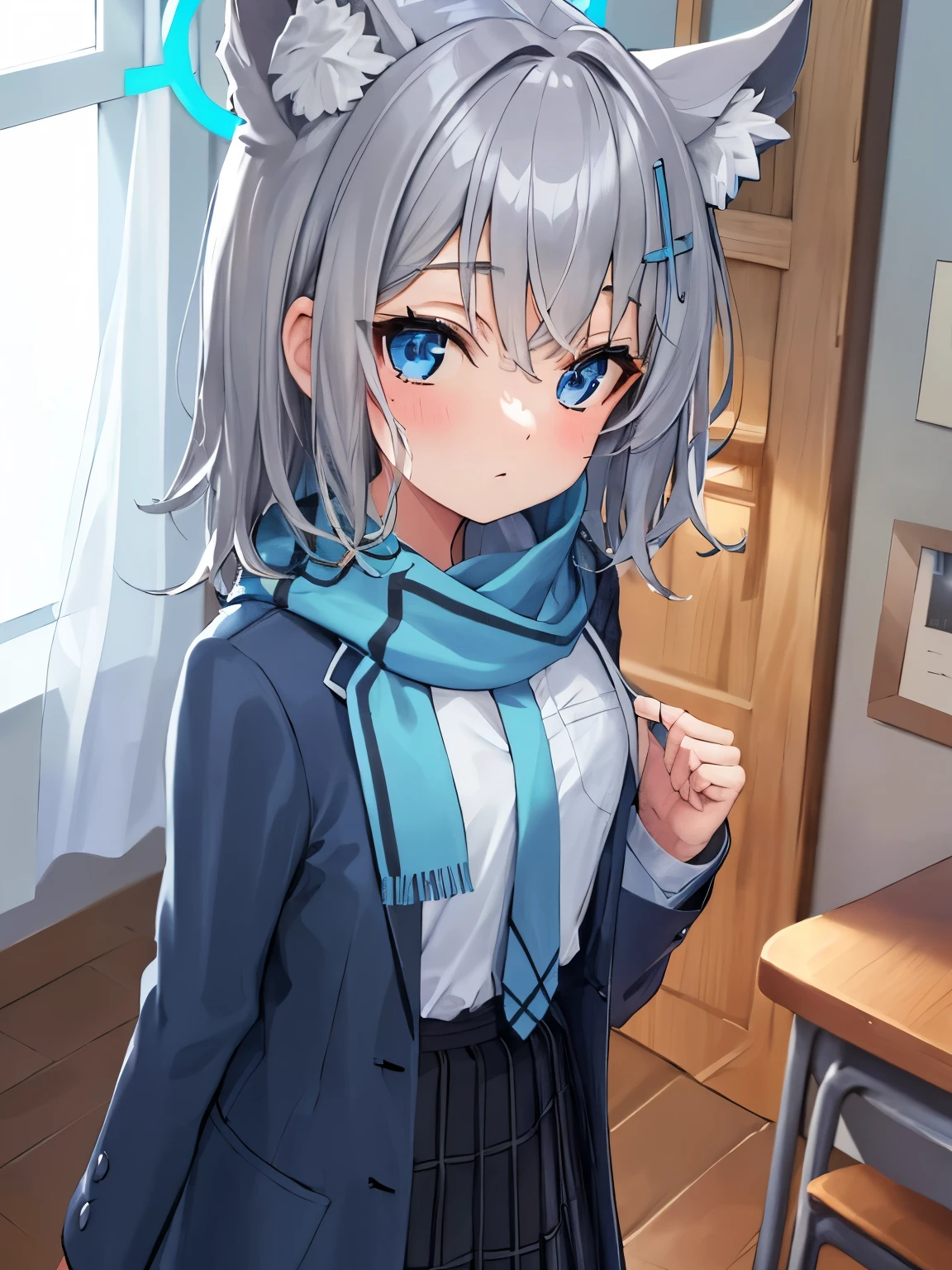 masterpiece, highest quality, Super detailed, indoors, school ,Hello,gray hair,medium hair,blue eyes,blue scarf,white shirt,(blue jacket:1.1) , No expression