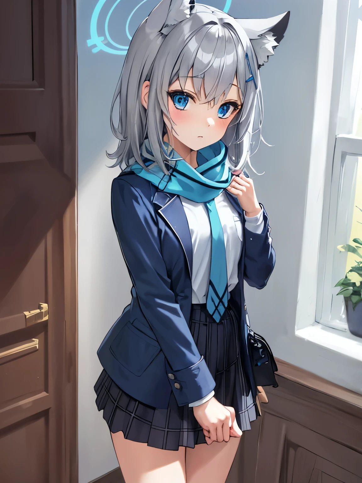 masterpiece, highest quality, Super detailed, indoors, school ,Hello,gray hair,medium hair,blue eyes,blue scarf,white shirt,(blue jacket:1.1) , No expression