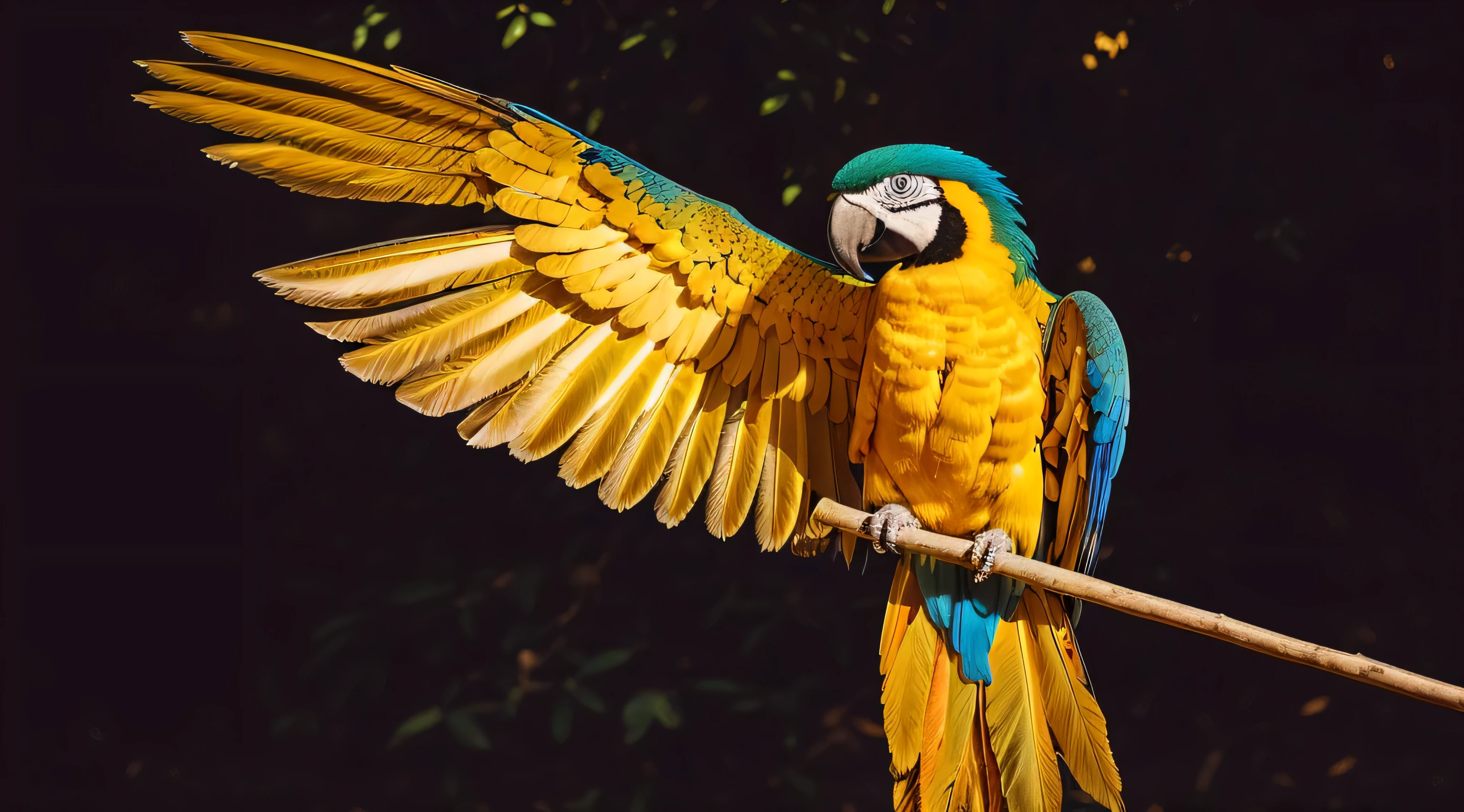 brightly colored parrot perched on a stick with its wings spread, ethereal macaw, parrot, outstretched wings, beautiful opened wings, pararel, his arms spread. ready to fly, colorful plumage, colorful bird with a long, ophanim has bird wings, bird wings, blue and yellow fauna, feathered wings, vibrant vivid colors, wings spread, spread wings