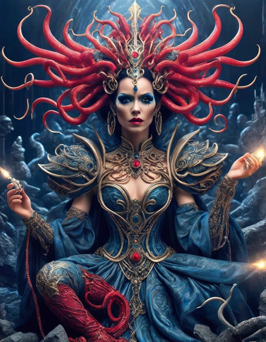 Gothic style red，Greek mythology Medusa wearing a very strange costume，（human head snake body），（Hair made of countless snakes），（snake scale skin），Black smoky makeup，There is red blood in the corner of the eye，Red snake tongue sticking out from open mouth，Blue seductive eyes，In the foreground is the blue laser aurora emitting beams，complex clothing design, dreamworks animated bjork, james cameron avatar style, fantasy movie, Cyberpunk Elf Queen, Emma Watson plays the Snow Queen, Warhammer Nagash Haute Couture, Thierry Muller, 《Coraline》&quot;The Other Mother&quot; in，darkness is always there，Beauty and warmth come from darkness，Gorgeous model，waste plastic，废electric wire、electric wire，dead branches，Decadence scent，Alexander Mcqueen is called the God of Goth， Mcqueen&#39;s’ designs always have a strong flavor of gothic asceticism，Religion and decadence give you a heavy visual blow，.gothic style，Savage growth，Born towards the sun！Makeup skips the flashy show，through the clothes in front of me，There are countless kinds of fashion that are hard to see through