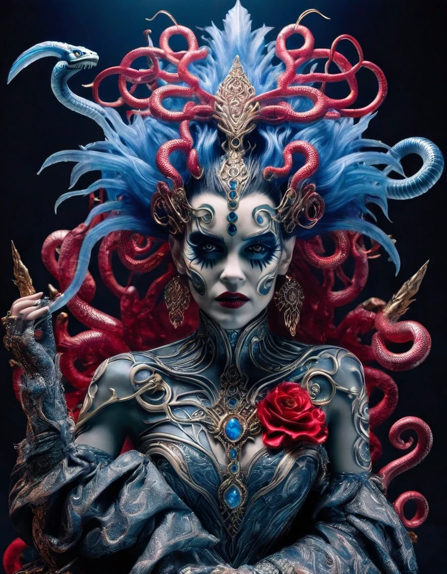 Gothic style red,Greek mythology Medusa wearing a very strange costume,(human head snake body),(Hair made of countless snakes),(snake scale skin),Black smoky makeup,There is red blood in the corner of the eye,Red snake tongue sticking out from open mouth,Blue seductive eyes,In the foreground is the blue laser aurora emitting beams,complex clothing design, dreamworks animated bjork, james cameron avatar style, fantasy movie, Cyberpunk Elf Queen, Emma Watson plays the Snow Queen, Warhammer Nagash Haute Couture, Thierry Muller, 《Coraline》"The Other Mother" in,darkness is always there,Beauty and warmth come from darkness,Gorgeous model,waste plastic,废electric wire、electric wire,dead branches,Decadence scent,Alexander Mcqueen is called the God of Goth, Mcqueen's’ designs always have a strong flavor of gothic asceticism,Religion and decadence give you a heavy visual blow,.gothic style,Savage growth,Born towards the sun!Makeup skips the flashy show,through the clothes in front of me,There are countless kinds of fashion that are hard to see through