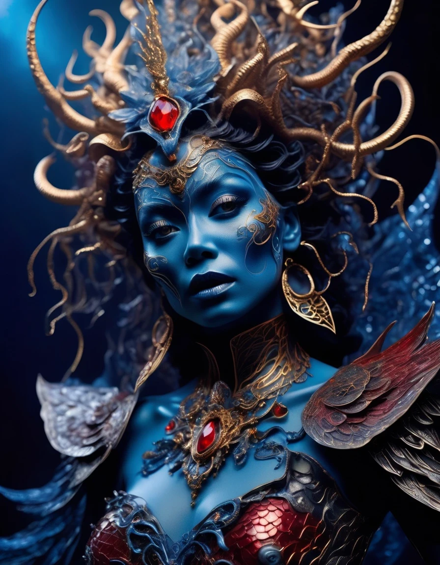 Gothic style red，Greek mythology Medusa wearing a very strange costume，（human head snake body），（Hair made of countless snakes），（snake scale skin），Black smoky makeup，There is red blood in the corner of the eye，Red snake tongue sticking out from open mouth，Blue seductive eyes，In the foreground is the blue laser aurora emitting beams，complex clothing design, dreamworks animated bjork, james cameron avatar style, fantasy movie, Cyberpunk Elf Queen, Emma Watson plays the Snow Queen, Nagash Haute Couture, Thierry Muller,，darkness is always there，Beauty and warmth come from darkness，Gorgeous model，waste plastic，废electric wire、electric wire，dead branches，Decadence scent，Alexander Mcqueen is called the God of Goth， Mcqueen&#39;s’ designs always have a strong flavor of gothic asceticism，Religion and decadence give you a heavy visual blow，.gothic style，Savage growth，Born towards the sun！Makeup skips the flashy show，through the clothes in front of me，There are countless kinds of fashion that are hard to see through