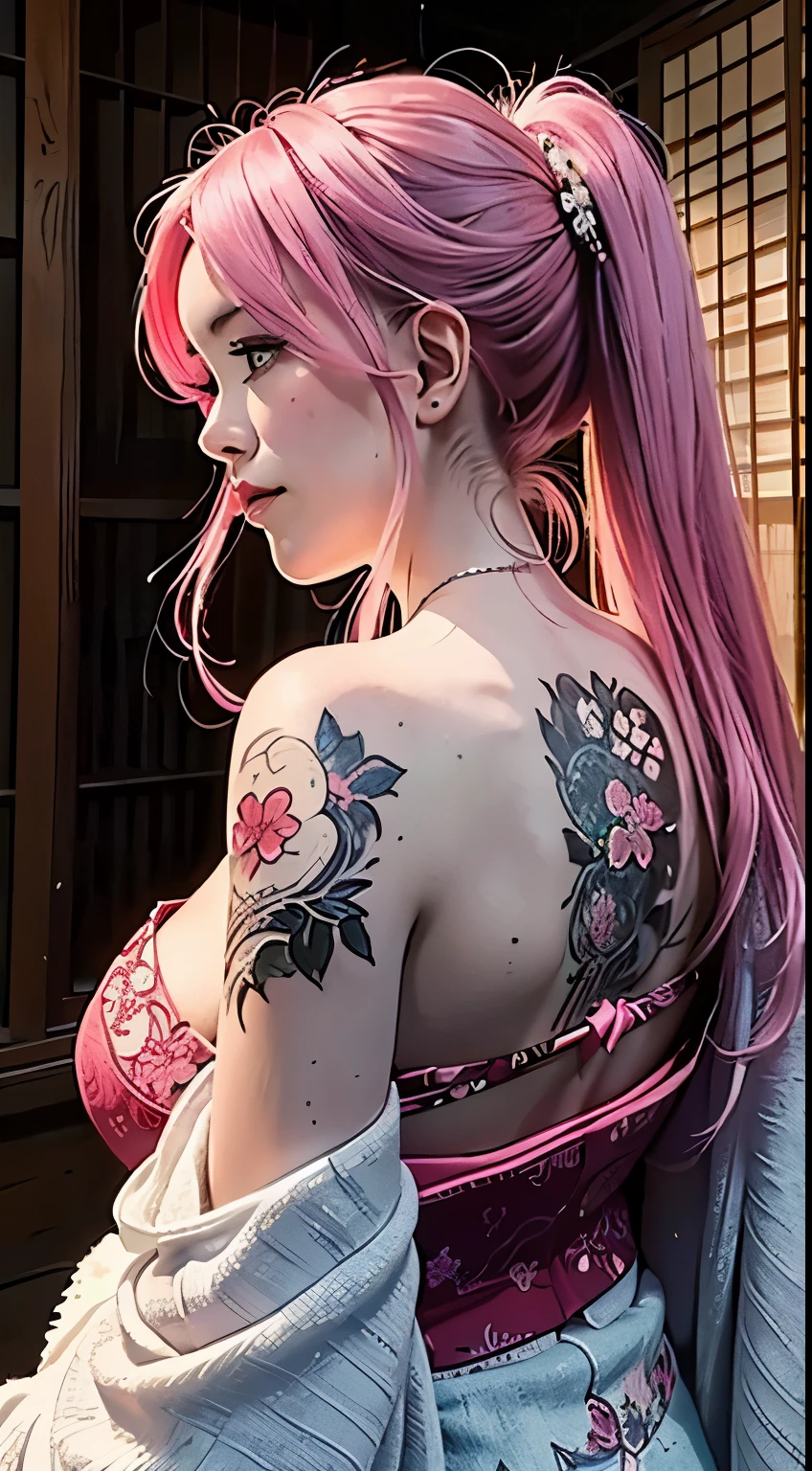 (masterpiece, top quality, best quality, official art, beautiful, atmospheric and aesthetic:1.2),1girl, tattoo, solo, japanese clothes, accentuated super huge enormously gigantic tits with cleavage showing, unsheathing, very long pink hair, sheath, back tattoo, moonlight eyes, off shoulder kimono, bare shoulders, looking back, from behind, dragons and cherry blossoms, looking at viewer, holding, makeup,
indoor,
