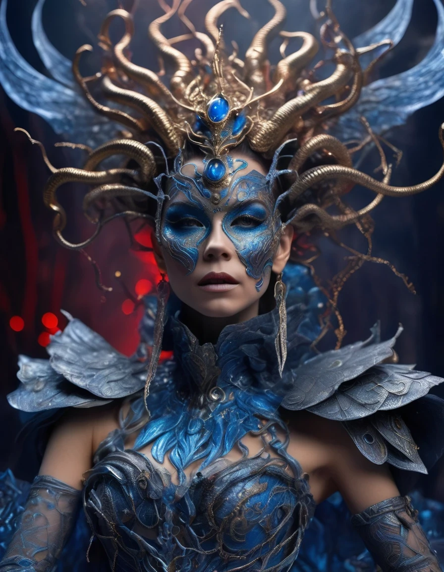 Gothic style red，Greek mythology Medusa wearing a very strange costume，（human head snake body），（Hair made of countless snakes），（snake scale skin），Black smoky makeup，There is red blood in the corner of the eye，Red snake tongue sticking out from open mouth，Blue seductive eyes，In the foreground is the blue laser aurora emitting beams，complex clothing design, dreamworks animated bjork, james cameron avatar style, fantasy movie, Cyberpunk Elf Queen, Emma Watson plays the Snow Queen, Nagash Haute Couture, Thierry Muller,，darkness is always there，Beauty and warmth come from darkness，Gorgeous model，waste plastic，废electric wire、electric wire，dead branches，Decadence scent，Alexander Mcqueen is called the God of Goth， Mcqueen&#39;s’ designs always have a strong flavor of gothic asceticism，Religion and decadence give you a heavy visual blow，.gothic style，Savage growth，Born towards the sun！Makeup skips the flashy show，through the clothes in front of me，There are countless kinds of fashion that are hard to see through