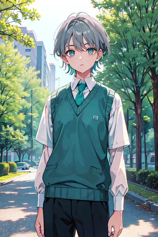 medium hair, grey hair, aqua eyes, sweater vest, standing, Fair skin, outdoors, nature, looking at viewer, 1990s (style), --niji 5  --ar 2:3 --s 100