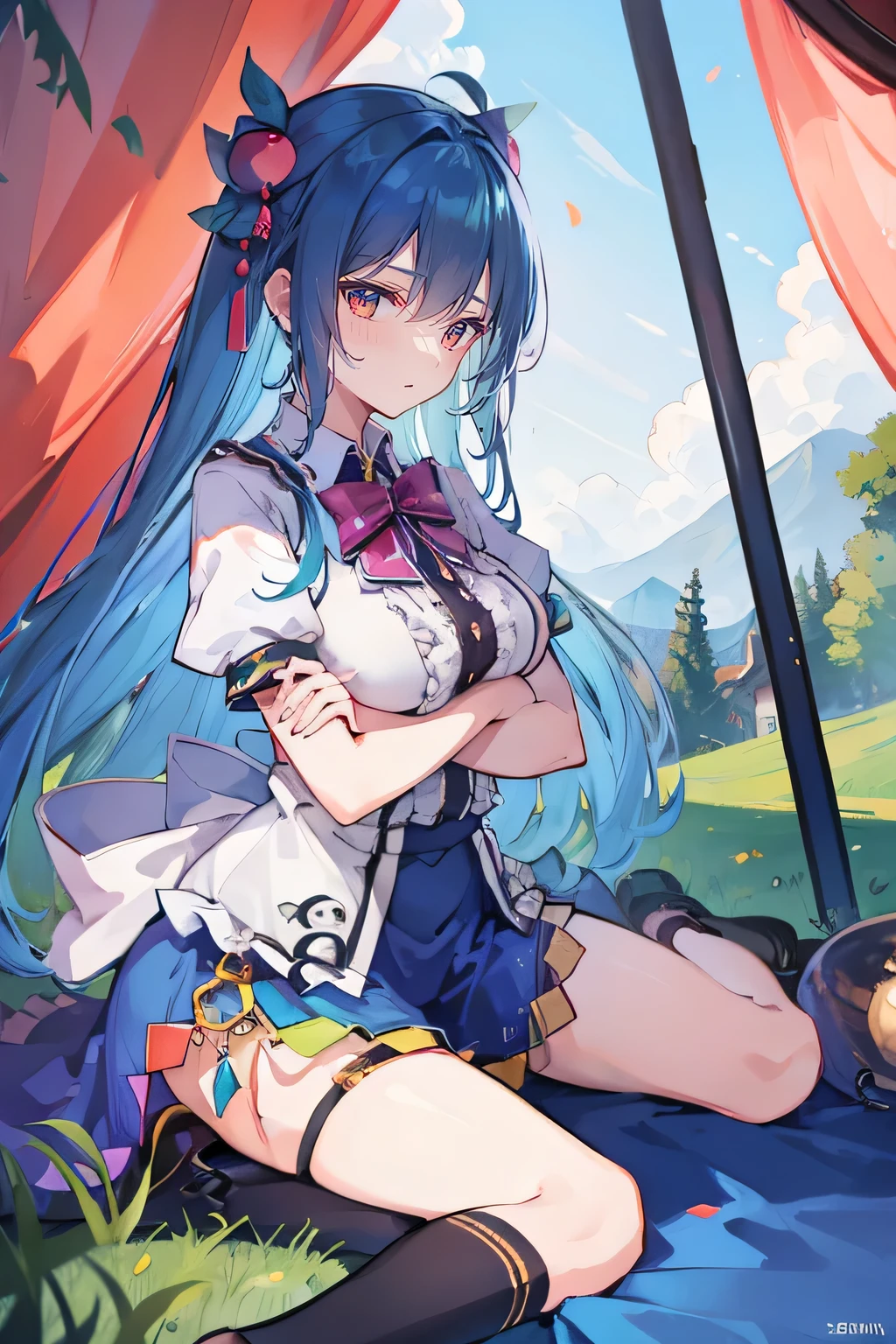 (masterpiece),best quality, expressive eyes, perfect face,sit, sit on ground, Legs on the ground, 1girl,
Big breasts, H cup, Good breasts, crossed arms, fair, Gorgeous,Japanese cartoons,girl,lola,Hina Angel, blue hair, blue haired,tent , tent chest, tent breast, floating clothes