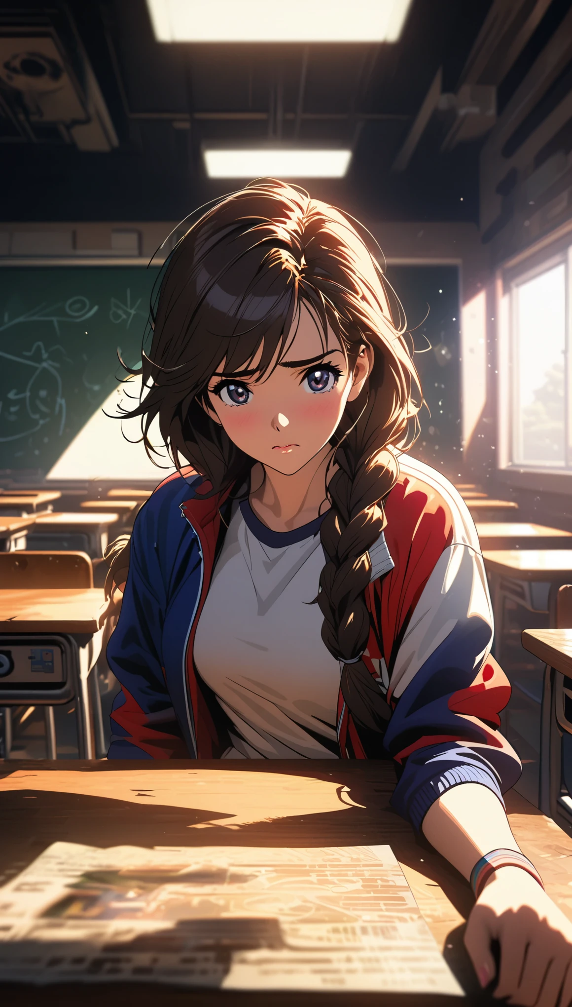 Comic city hunter style，15 year old beautiful girl，classroom，sportswear ，braids，Shy，close up，rich and colorful，Japanese cartoonist Tsukasa Hojo&#39;s style，depth of field，Overclocked renderer，movie lighting，Ultra-fine，super detailed，complicated，cinematic perspective，CG art，