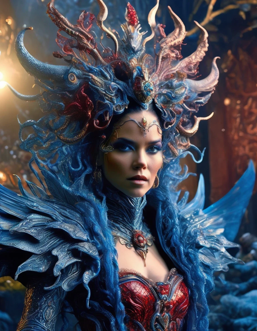 Gothic style red,Greek mythology Medusa wearing a very strange costume,(human head snake body),(Hair made of countless snakes),(snake scale skin),Black smoky makeup,There is red blood in the corner of the eye,Red snake tongue sticking out from open mouth,Blue seductive eyes,In the foreground is the blue laser aurora emitting beams,complex clothing design, dreamworks animated bjork, james cameron avatar style, fantasy movie, Cyberpunk Elf Queen, Emma Watson plays the Snow Queen, Warhammer Nagash Haute Couture, Thierry Muller, 《Coraline》"The Other Mother" in,darkness is always there,Beauty and warmth come from darkness,Gorgeous model,waste plastic,废electric wire、electric wire,dead branches,Decadence scent,Alexander Mcqueen is called the God of Goth, Mcqueen's’ designs always have a strong flavor of gothic asceticism,Religion and decadence give you a heavy visual blow,.gothic style,Savage growth,Born towards the sun!Makeup skips the flashy show,through the clothes in front of me,There are countless kinds of fashion that are hard to see through