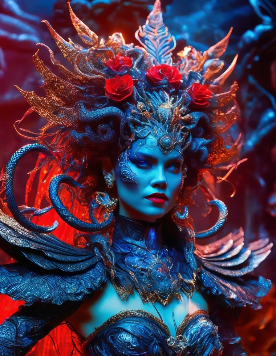 Gothic style red,Greek mythology Medusa wearing a very strange costume,(human head snake body),(Hair made of countless snakes),(snake scale skin),Black smoky makeup,There is red blood in the corner of the eye,Red snake tongue sticking out from open mouth,Blue seductive eyes,In the foreground is the blue laser aurora emitting beams,complex clothing design, dreamworks animated bjork, james cameron avatar style, fantasy movie, Cyberpunk Elf Queen, Emma Watson plays the Snow Queen, Warhammer Nagash Haute Couture, Thierry Muller, 《Coraline》"The Other Mother" in,darkness is always there,Beauty and warmth come from darkness,Gorgeous model,waste plastic,废electric wire、electric wire,dead branches,Decadence scent,Alexander Mcqueen is called the God of Goth, Mcqueen's’ designs always have a strong flavor of gothic asceticism,Religion and decadence give you a heavy visual blow,.gothic style,Savage growth,Born towards the sun!Makeup skips the flashy show,through the clothes in front of me,There are countless kinds of fashion that are hard to see through