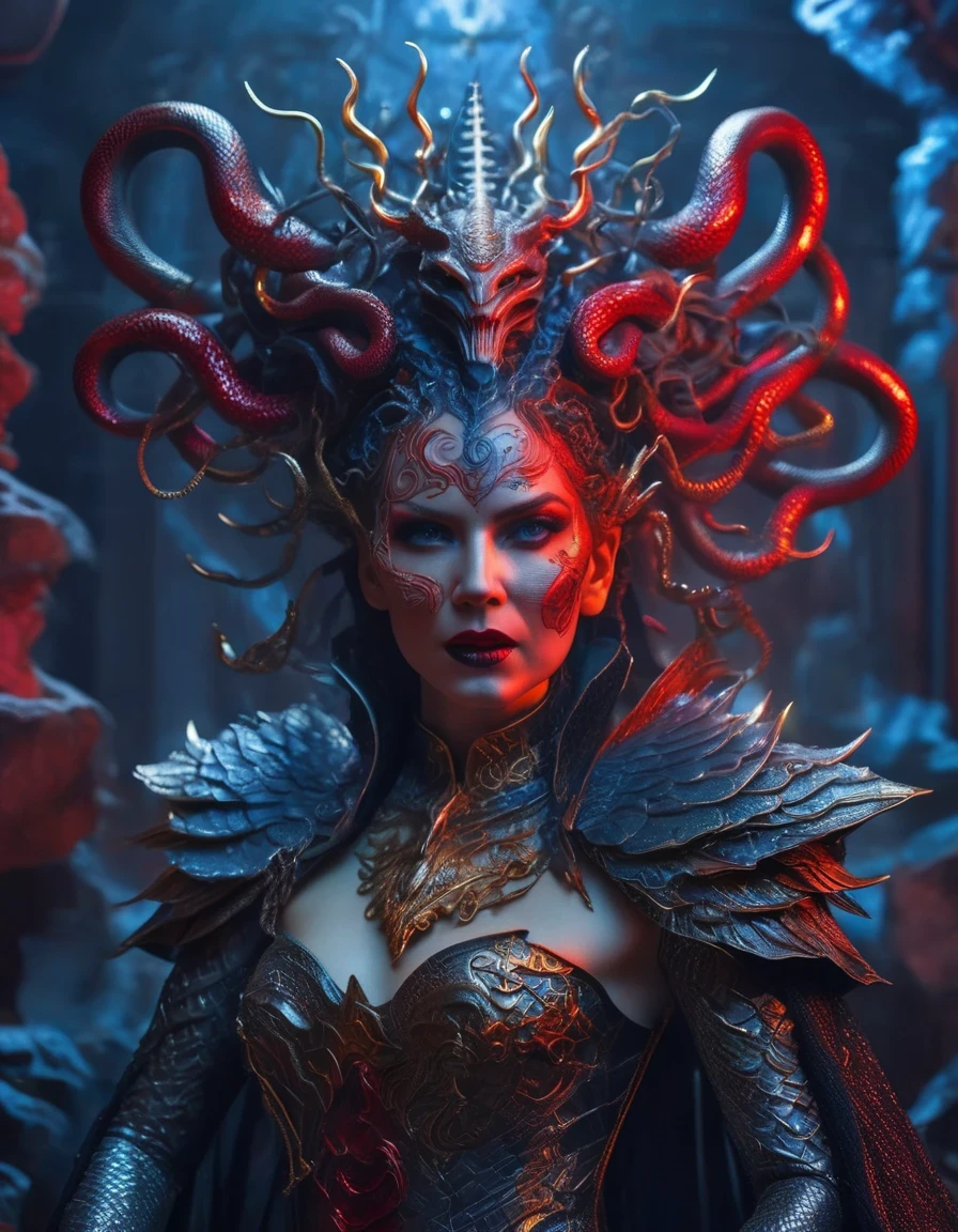 Gothic style red，Greek mythology Medusa wearing a very strange costume，（human head snake body），（Very pointed chin：0.65），（Hair made of countless snakes），（serpent skin：0.85），（serpent skin鳞）（snake scale skin），Black smoky makeup，There is red blood in the corner of the eye，Red snake tongue sticking out from open mouth，Blue seductive eyes，In the foreground is the blue laser aurora emitting beams，complex clothing design, dreamworks animated bjork, james cameron avatar style, fantasy movie, Cyberpunk Elf Queen, Emma Watson plays the Snow Queen, Nagash Haute Couture, Thierry Muller,，darkness is always there，Beauty and warmth come from darkness，Gorgeous model，waste plastic，废electric wire、electric wire，dead branches，Decadence scent，Mcqueen&#39;s’ designs always have a strong flavor of gothic asceticism，Religion and decadence give you a heavy visual blow，.gothic style，Savage growth，Born towards the sun，