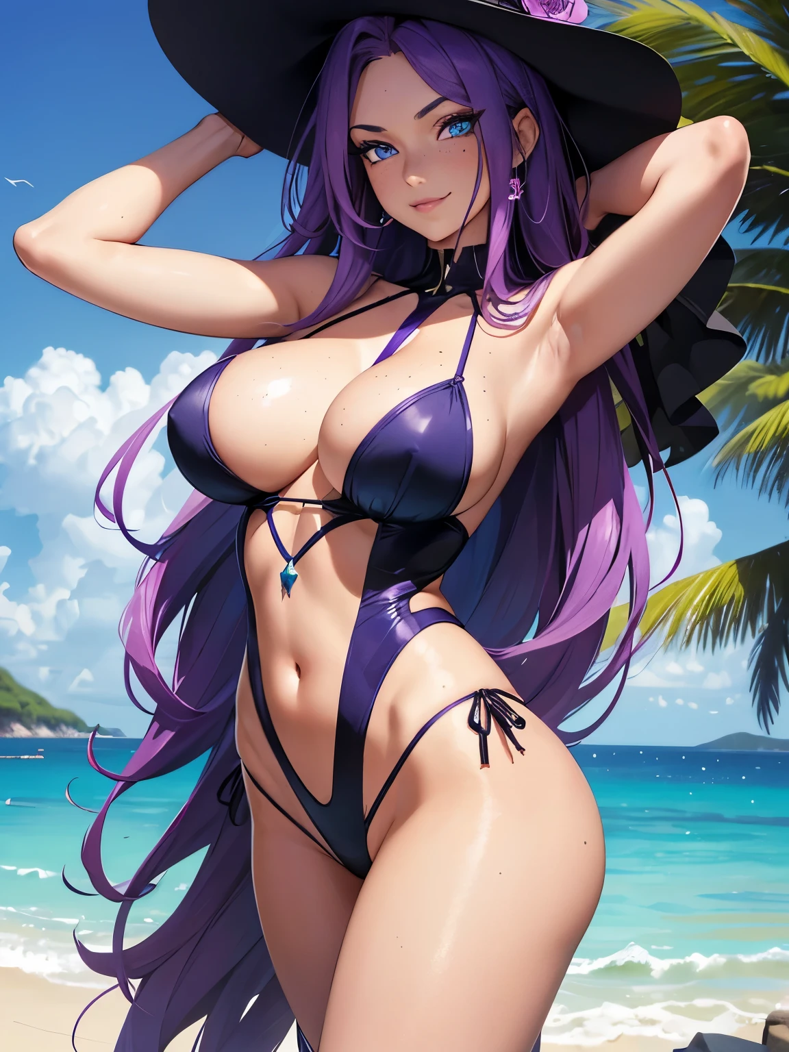 beautiful woman, extremely long hair, purple hair, hair covering one eye, bright blue eyes, glowing eyes, lots of freckles, full lips, (gigantic breasts 1.8), extreme cleavage, deep cleavage, thin body, tented slingshot monokini, sleeveless, bare arms, high heels, perfect anatomy, extreme blushing, smile, seductive, ultra detailed, beach background, masterpiece, 4k