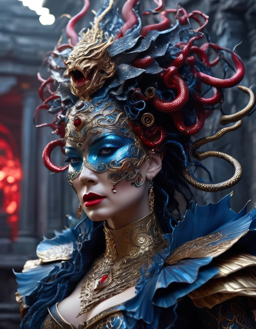 Gothic style red，Greek mythology Medusa wearing a very strange costume，（human head snake body），（Very pointed chin：0.65），（Hair made of countless snakes），（serpent skin：0.85），（serpent skin鳞）（snake scale skin），Black smoky makeup，There is red blood in the corner of the eye，Red snake tongue sticking out from open mouth，Blue seductive eyes，In the foreground is the blue laser aurora emitting beams，complex clothing design, dreamworks animated bjork, james cameron avatar style, fantasy movie, Cyberpunk Elf Queen, Emma Watson plays the Snow Queen, Nagash Haute Couture, Thierry Muller,，darkness is always there，Beauty and warmth come from darkness，Gorgeous model，waste plastic，废electric wire、electric wire，dead branches，Decadence scent，Mcqueen&#39;s’ designs always have a strong flavor of gothic asceticism，Religion and decadence give you a heavy visual blow，.gothic style，Savage growth，Born towards the sun，