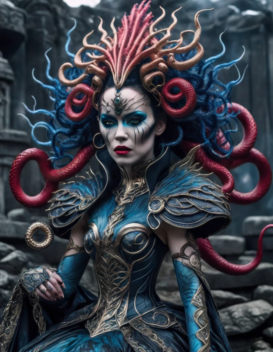 Gothic style red,Greek mythology Medusa wearing a very strange costume,(human head snake body),(Hair made of countless snakes),(snake scale skin),Black smoky makeup,There is red blood in the corner of the eye,Red snake tongue sticking out from open mouth,Blue seductive eyes,In the foreground is the blue laser aurora emitting beams,complex clothing design, dreamworks animated bjork, james cameron avatar style, fantasy movie, Cyberpunk Elf Queen, Emma Watson plays the Snow Queen, Warhammer Nagash Haute Couture, Thierry Muller, 《Coraline》"The Other Mother" in,darkness is always there,Beauty and warmth come from darkness,Gorgeous model,waste plastic,废electric wire、electric wire,dead branches,Decadence scent,Alexander Mcqueen is called the God of Goth, Mcqueen's’ designs always have a strong flavor of gothic asceticism,Religion and decadence give you a heavy visual blow,.gothic style,Savage growth,Born towards the sun!Makeup skips the flashy show,through the clothes in front of me,There are countless kinds of fashion that are hard to see through