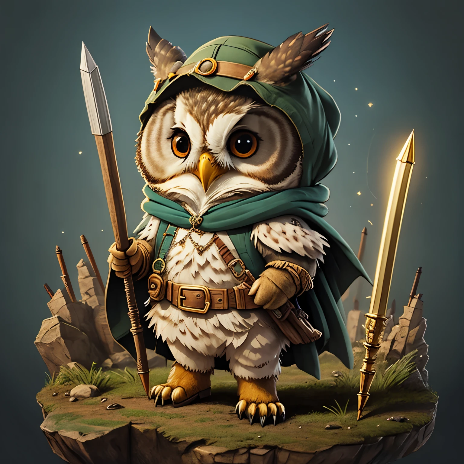 cute cartoon sticker of an owl dressed as an fantasy rogue with a spear like pencils