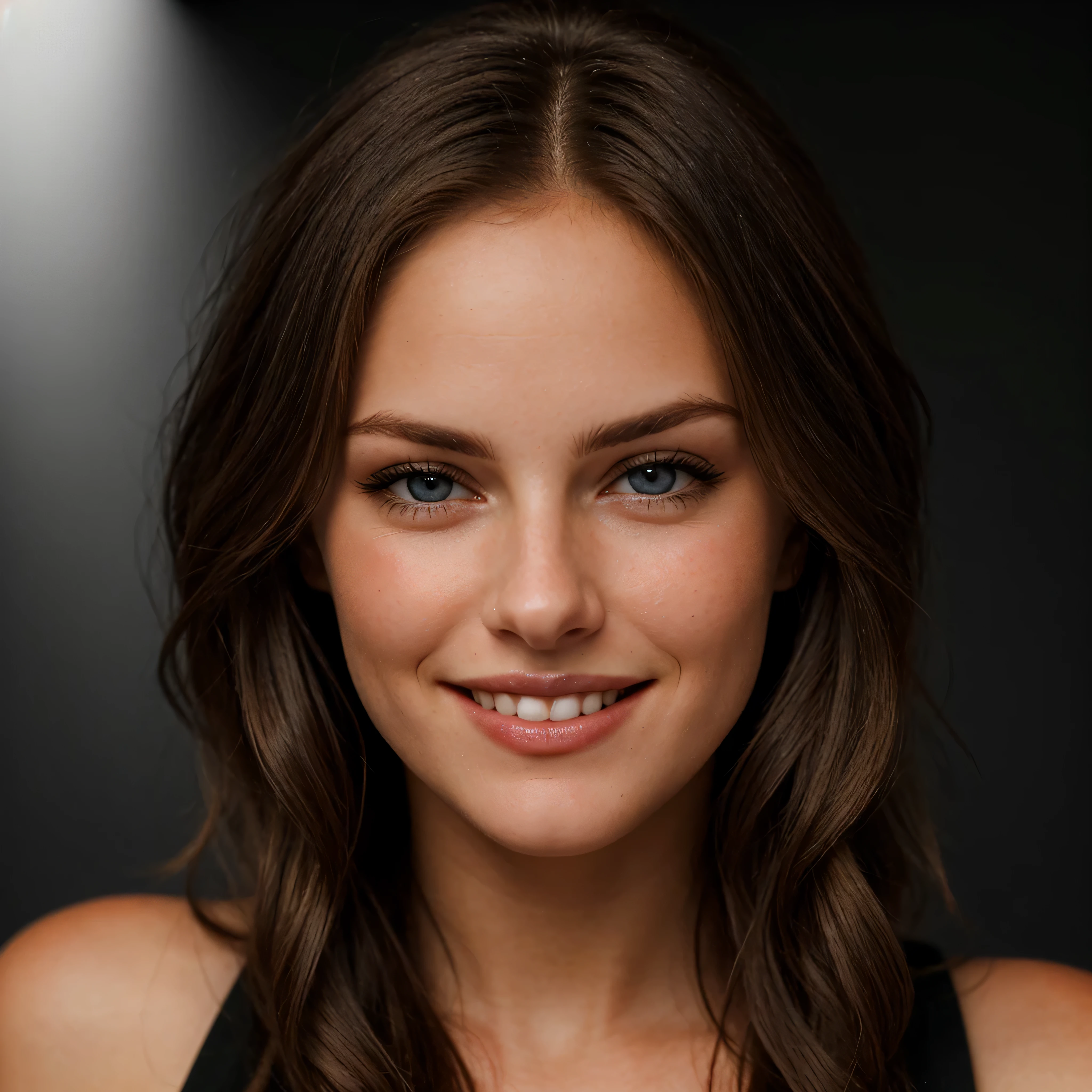 a closeup dark upper body shot photo of a blonde with perfect eyes, smile, dark background