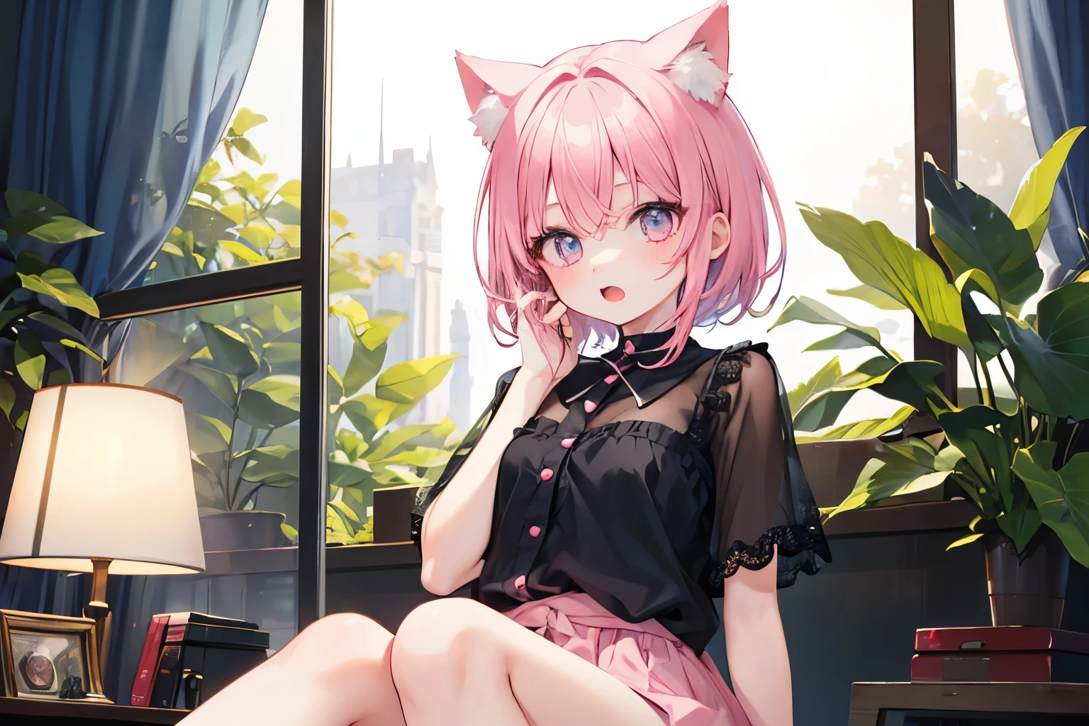 Very beautiful and shining eyes、shining eyes、1 girl、small breasts、big mouth、small breasts、Cat ear、Transparent pink short hair、7 year old girl、childish clothes