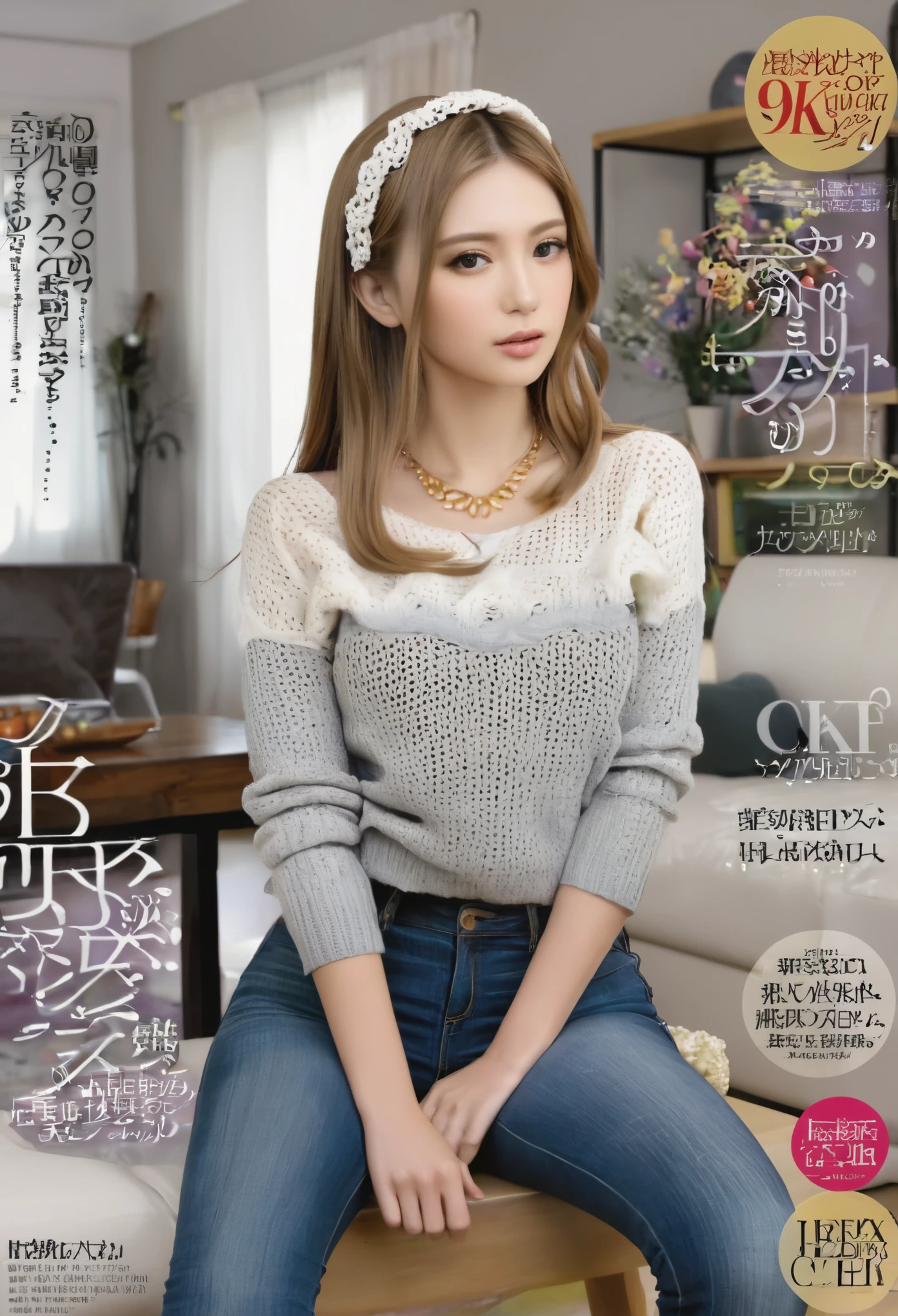 magazine cover（（（hair accessories）））,necklace,Put on a sexy sweater,,skinny jeans,in the room（（（masterpiece）））, （（best quality））,（（surreal））（8K）