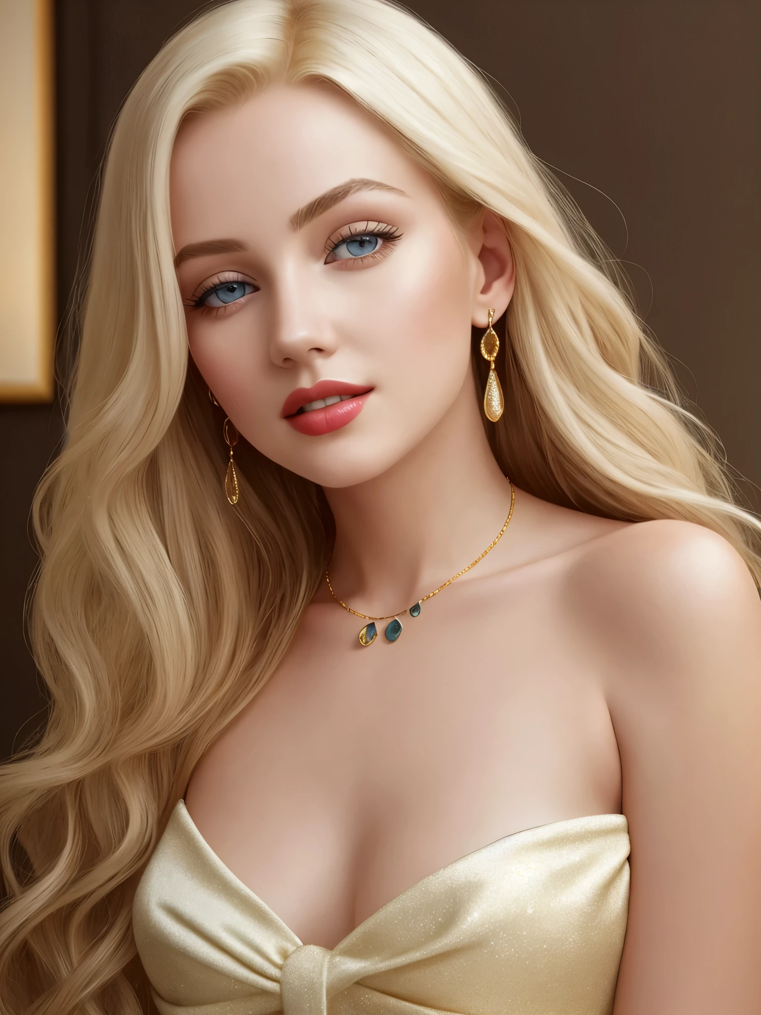 beautiful blonde realistic girl、16 year old girl、realistic pictures、complete nudity、Very sexy photos、Portrait from the butt up、Angle that emphasizes the face、Face is the focus、Ethereal beauty, long golden waves cascading down her shoulders, ((detailed face:1.2)), ((detailed faceの特徴)), delicate skin、Reflectors that add depth to her attractive features, Photographed with Canon EOS R5, 50MM lens, f/1.8, High resolution, (8K) (wallpaper) 、shadowless lighting、studio lighting、soft light, ((david hamilton style)), Bedroom in a luxury hotel in Rome、night、Warm and calm indoor lighting、classic luxury decoration、big bed、big pillow、16 year old adult american female、translucent white skin、very white skin、clean skin without blemishes、Very big face、silky delicate blonde hair、Gorgeous wavy hair like an actress、thin eyebrows、long eyelashes、Horizontally long and very beautiful blue eyes、highlight on eyes、Clear double eyelids、red lips、smile a little、the most beautiful face、head turned to the side、looking to the side、marilyn monroe's daughter、Eyes half closed、 body type、thin and long neck、small breasts、small nipples、small butt、large and luxurious gold necklace、Big gold earrings in the ears、Realistic anatomically correct body、very close up of the face、Portrait from the butt up、from the front、from a little below、