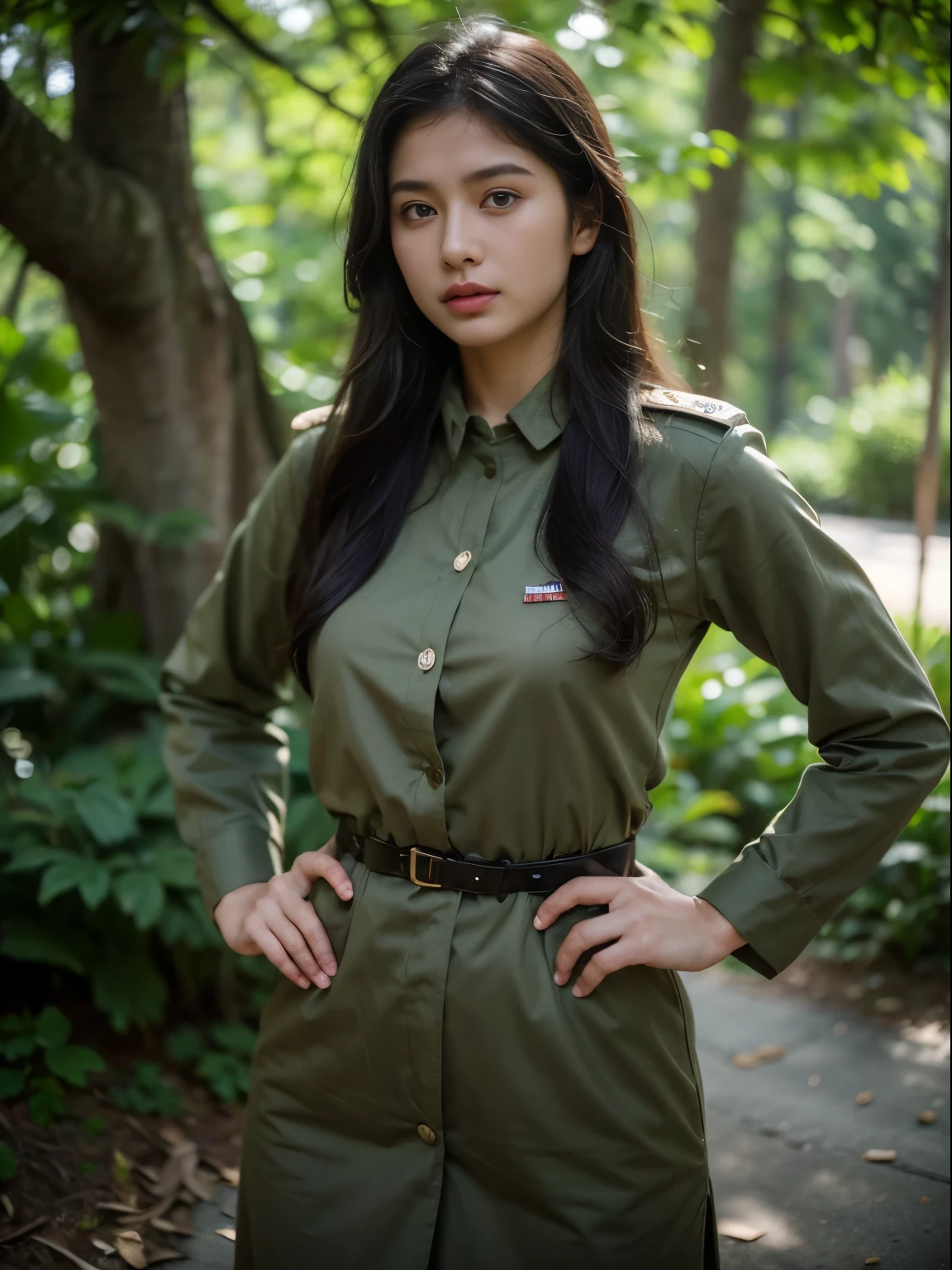 8k, highest quality, ultra detailed:1.37), Eliana, 18yo, a beautiful indonesian girl, proudly stands in a military uniform, representing her role as a soldier. She wears a fitted olive green dress. The high-resolution image captures ultra-detailed realism, highlighting Eliana's determined expression, piercing eyes, and confident stance. The backdrop showcases an forest, adding to the authenticity and significance of the image. This visually striking representation showcases Eliana's strength and dedication as a soldier.