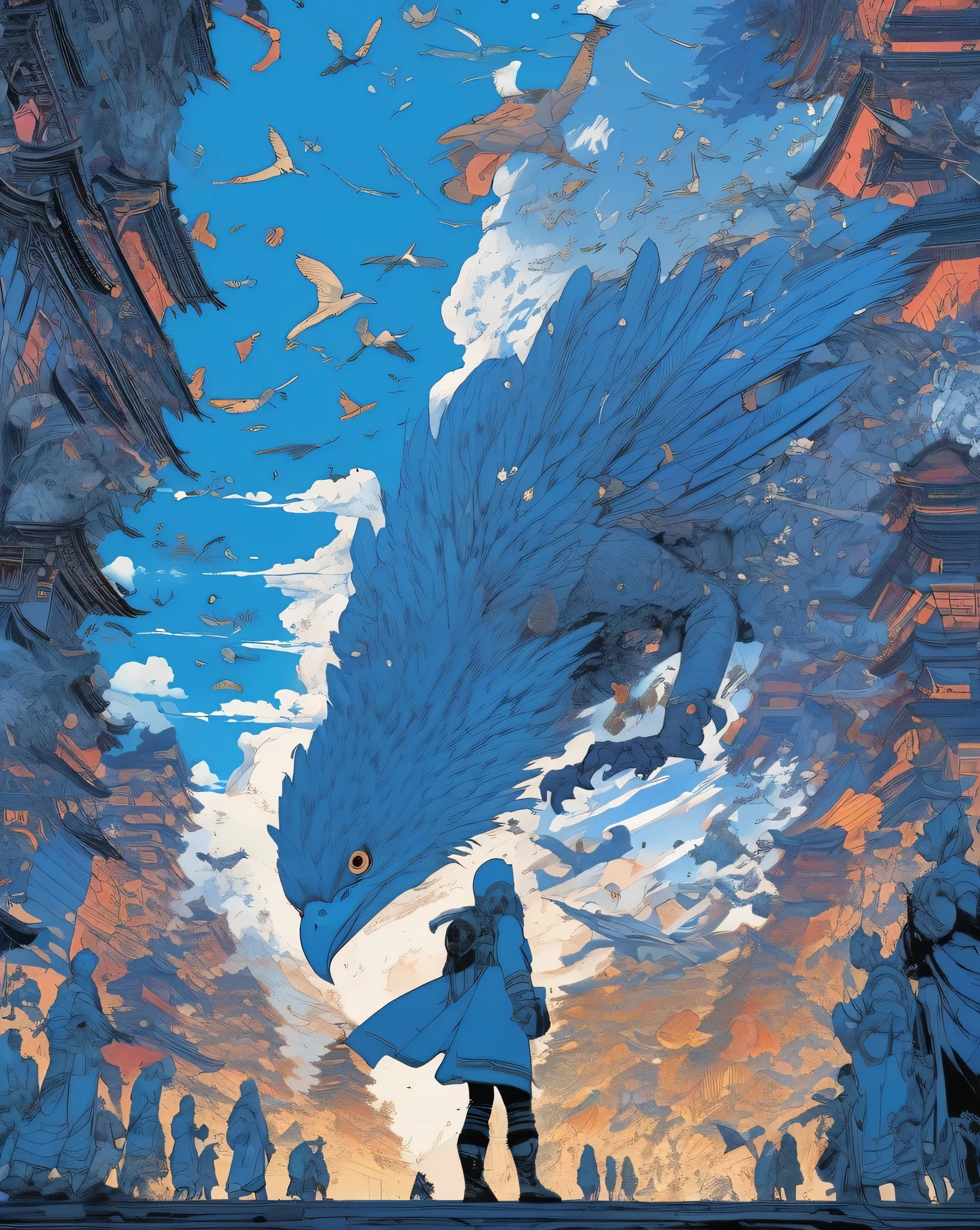 Flying monsters by Laurie Greasley and Takeshi Obata, The desire to achieve enlightenment, feathers are growing、nirvana, blue, Oil Paint, be familiar with, realistic, 8k uh, high quality、highest amount of information、masterpiece、Detailed writing、