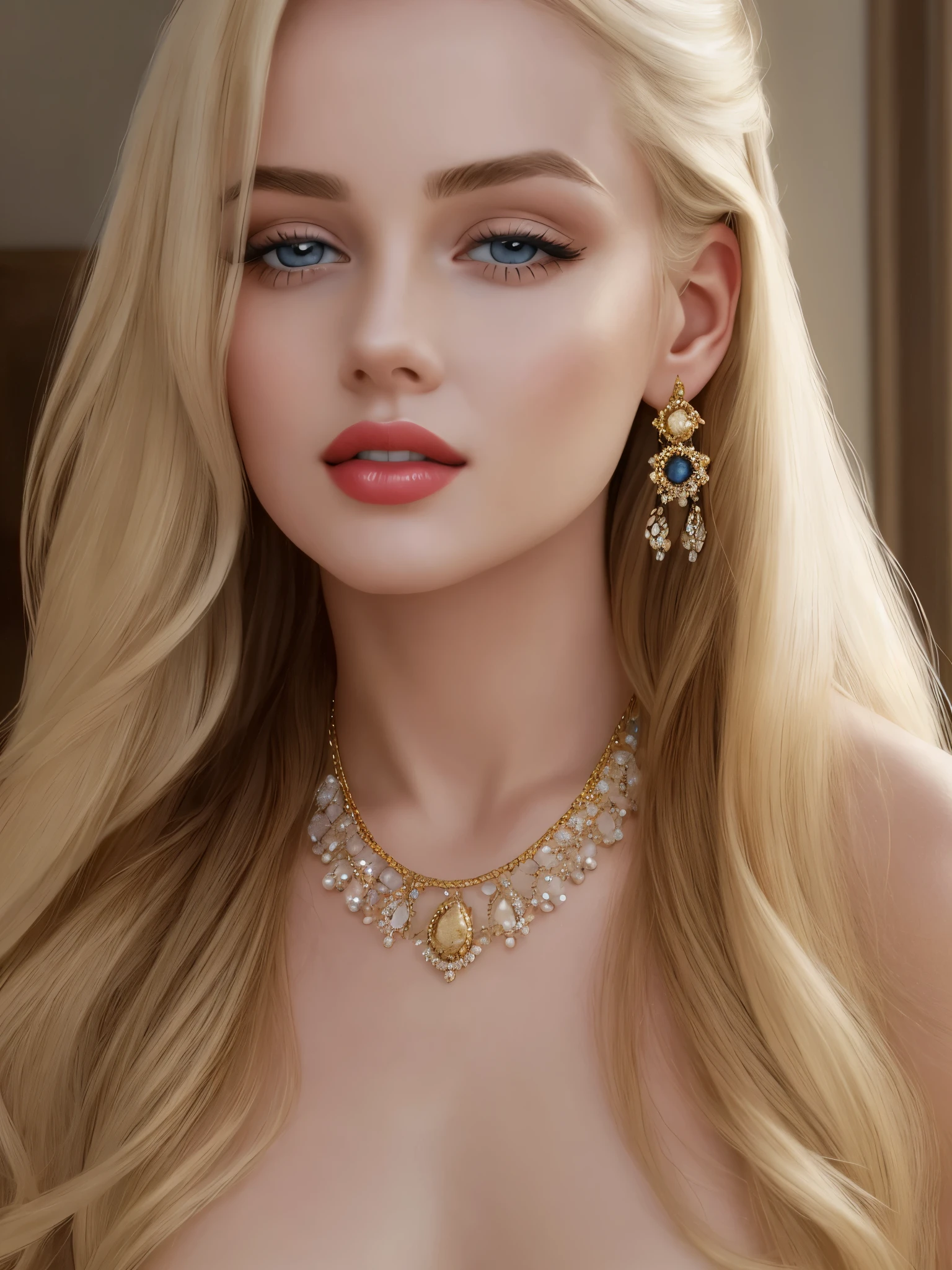 beautiful blonde realistic girl、 girl、realistic pictures、complete nudity、Very sexy photos、Portrait from the butt up、Angle that emphasizes the face、Face is the focus、Ethereal beauty, long golden waves cascading down her shoulders, ((detailed face:1.2)), ((detailed faceの特徴)), delicate skin、Reflectors that add depth to her attractive features, Photographed with Canon EOS R5, 50MM lens, f/1.8, High resolution, (8K) (wallpaper) 、shadowless lighting、studio lighting、soft light, ((david hamilton style)), Bedroom in a luxury hotel in Rome、night、Warm and calm indoor lighting、classic luxury decoration、big bed、big pillow、16 year oldican female、translucent white skin、very white skin、clean skin without blemishes、Very big face、silky delicate blonde hair、Gorgeous wavy hair like an actress、thin eyebrows、long eyelashes、Horizontally long and very beautiful blue eyes、highlight on eyes、Clear double eyelids、red lips、smile a little、the most beautiful face、marilyn monroe&#39;s daughter、Eyes half closed、 body type、thin and long neck、small breasts、small nipples、small butt、large and luxurious gold necklace、Big gold earrings in the ears、Realistic anatomically correct body、very close up of the face、Portrait from the butt up、from the front、from a little below、