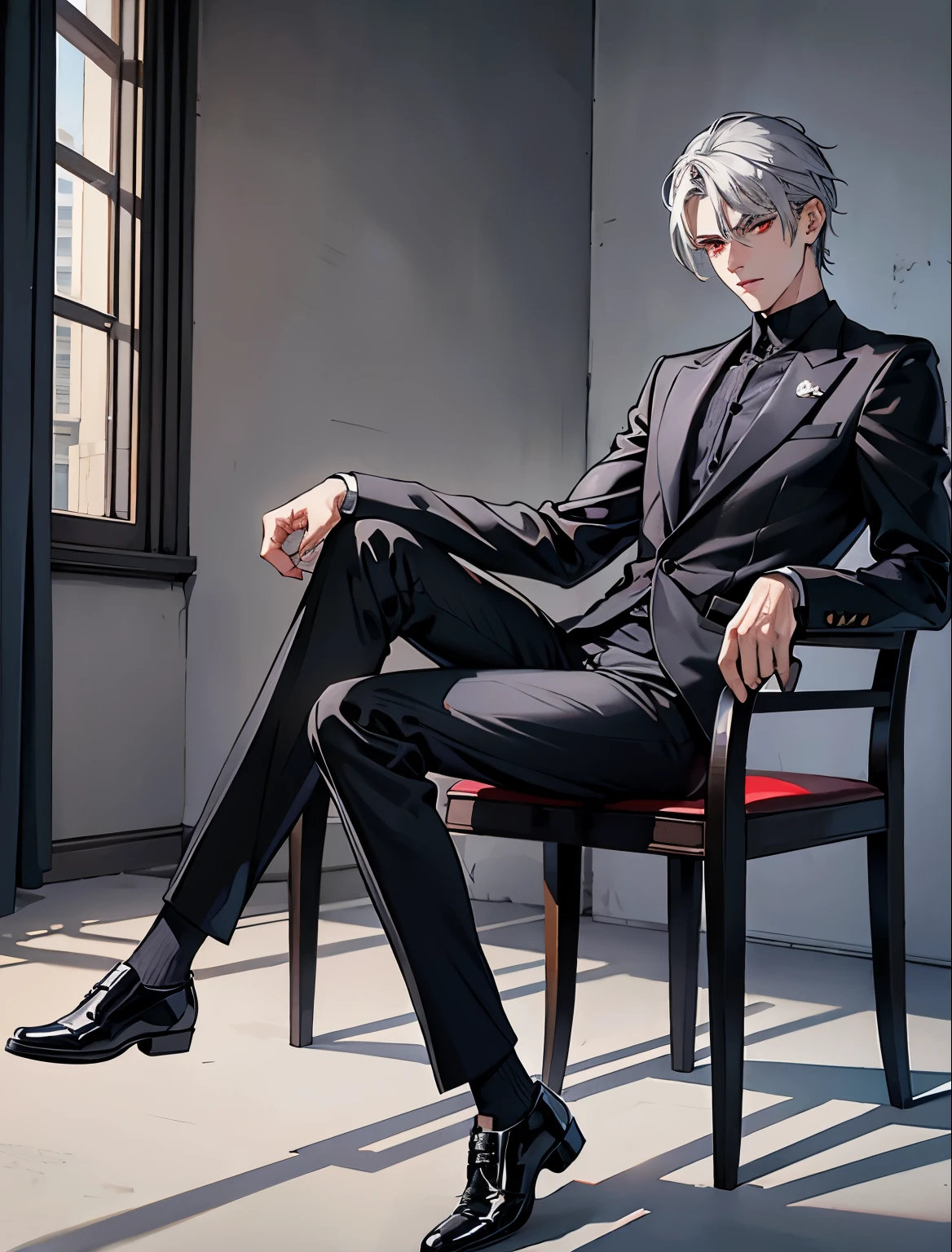 A quiet high school boy He had a handsome face, silver hair, red eyes, cold eyes, and wore a black shirt. black slacks Good leather shoes He has a slender figure like a model. He sat in a chair in a small room with only a clear glass partition in front of him. and the background is a gray wall.