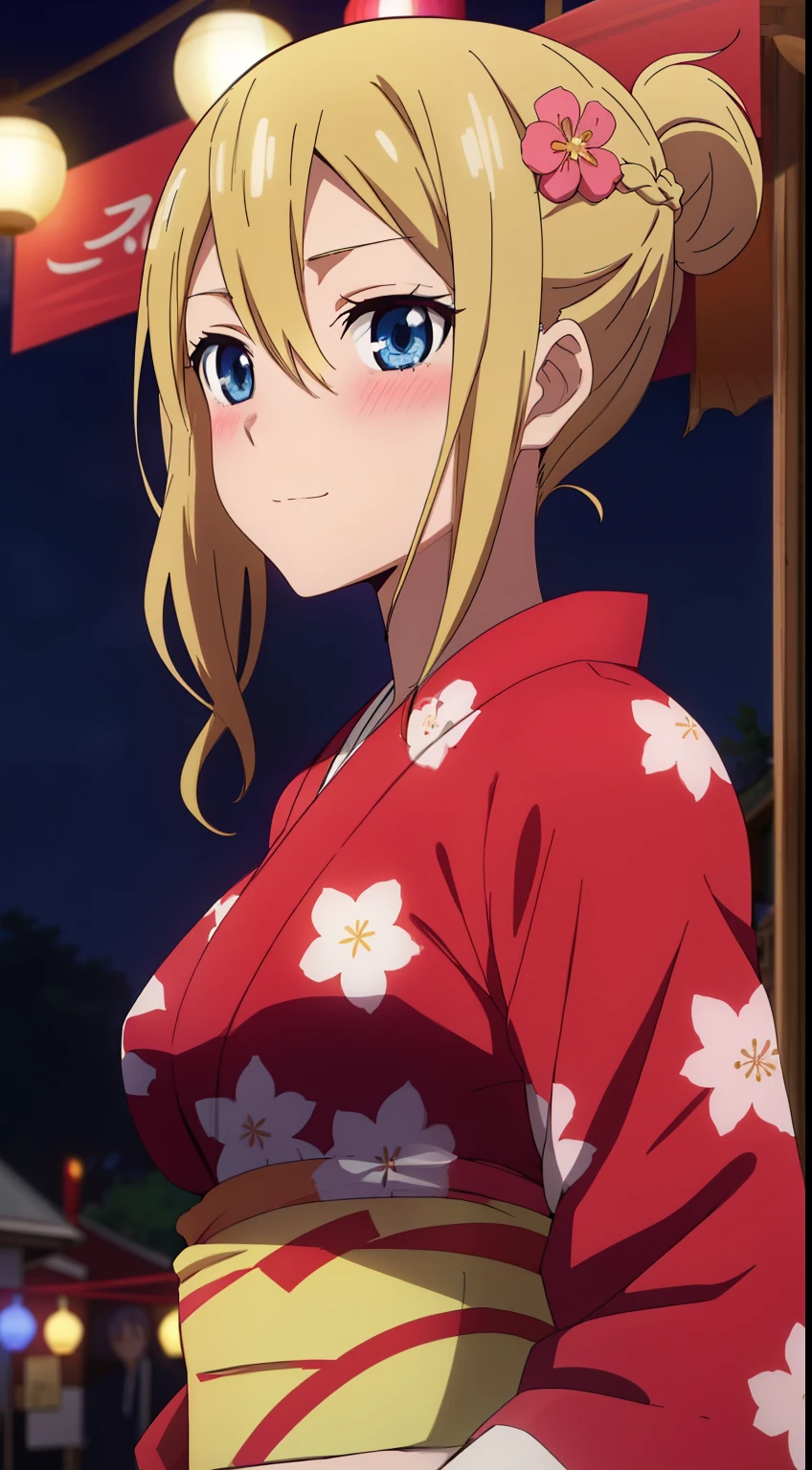 hayasaka,blonde hair, blue eyes, girl,alone, hair between eyes,masterpiece,highest quality,anime,2D,girl1 name, alone,floral pattern yukata,blush,braid hair,hair ornaments,Summer festival,night,stylish pose,stylish angle,(lively_color:1.2),(beautiful_medium breasts:1.2), (beautiful_face:1.4),