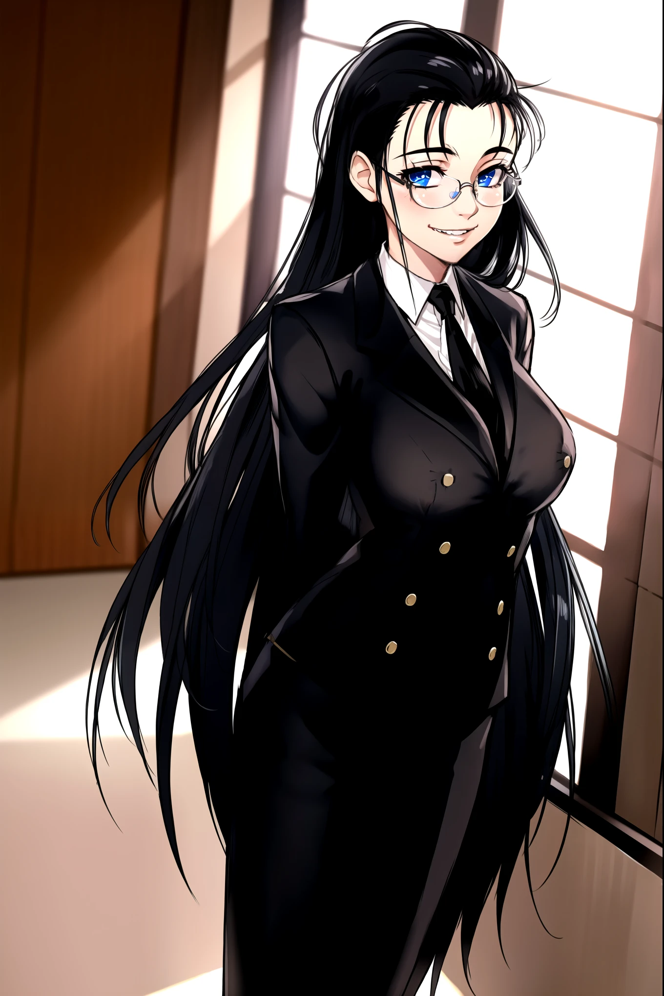 masterpiece, best quality, 1girl, solo, vanwinkle, standing,  female focus, blue eyes, messy hair, suit, glasses, necktie, big breasts, teeth, [[closed mouth]], formal, smile, simple background, pants, ((arms behind back), looking at viewer, indoors, standing, closeup,  boob window, large breasts, face focus, closeup shot, black tuxedo suit