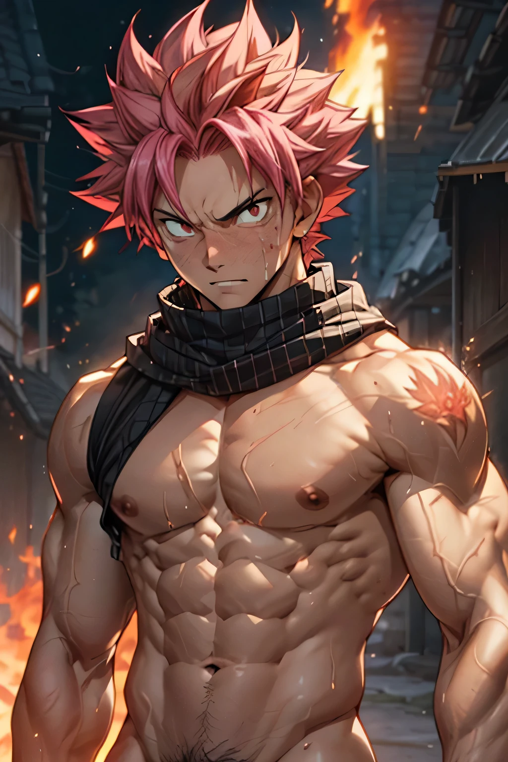 ((upper body)) masterpiece, best quality red eyes, game cg, 1boy adult man, (naked:1.2) rugged adult face, solo, male focus, looking at viewer, upper body, Natsu Dragneel natsu_dragneel, pink hair, red eyes, (shirtless naked), toned muscle, pectorals, 8 abs, toned legs, naked, slightly bulged, (large fire:1.5) and ember (particle effects:1.2), detailed, lighting, well lit, (fire on skin:1.2), (skin burning:1.2), (eyes on fire:1.2)