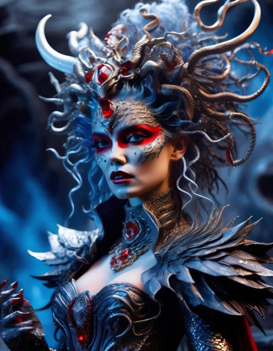 Gothic style red，Greek mythology Medusa wearing a very strange costume，（human head snake body），（Hair made of countless snakes），（snake scale skin），Black smoky makeup，There is red blood in the corner of the eye，Red snake tongue sticking out from open mouth，Blue seductive eyes，In the foreground is the blue laser aurora emitting beams，complex clothing design, dreamworks animated bjork, james cameron avatar style, fantasy movie, Cyberpunk Elf Queen, Emma Watson plays the Snow Queen, Warhammer Nagash Haute Couture, Thierry Muller, 《Coraline》&quot;The Other Mother&quot; in，darkness is always there，Beauty and warmth come from darkness，Gorgeous model，waste plastic，废electric wire、electric wire，dead branches，Decadence scent，Alexander Mcqueen is called the God of Goth， Mcqueen&#39;s’ designs always have a strong flavor of gothic asceticism，Religion and decadence give you a heavy visual blow，.gothic style，Savage growth，Born towards the sun！Makeup skips the flashy show，through the clothes in front of me，There are countless kinds of fashion that are hard to see through