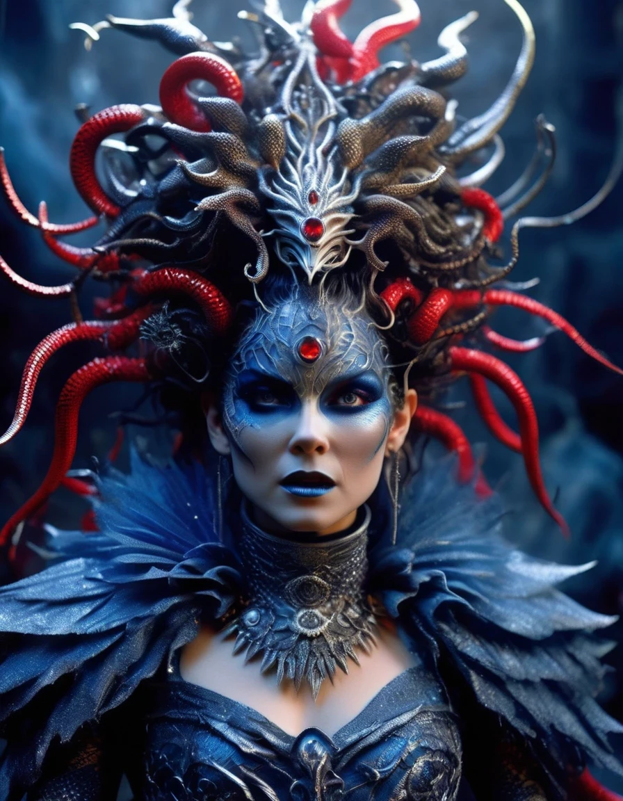 Gothic style red,Greek mythology Medusa wearing a very strange costume,(human head snake body),(Hair made of countless snakes),(snake scale skin),Black smoky makeup,There is red blood in the corner of the eye,Red snake tongue sticking out from open mouth,Blue seductive eyes,In the foreground is the blue laser aurora emitting beams,complex clothing design, dreamworks animated bjork, james cameron avatar style, fantasy movie, Cyberpunk Elf Queen, Emma Watson plays the Snow Queen, Warhammer Nagash Haute Couture, Thierry Muller, 《Coraline》"The Other Mother" in,darkness is always there,Beauty and warmth come from darkness,Gorgeous model,waste plastic,废electric wire、electric wire,dead branches,Decadence scent,Alexander Mcqueen is called the God of Goth, Mcqueen's’ designs always have a strong flavor of gothic asceticism,Religion and decadence give you a heavy visual blow,.gothic style,Savage growth,Born towards the sun!Makeup skips the flashy show,through the clothes in front of me,There are countless kinds of fashion that are hard to see through