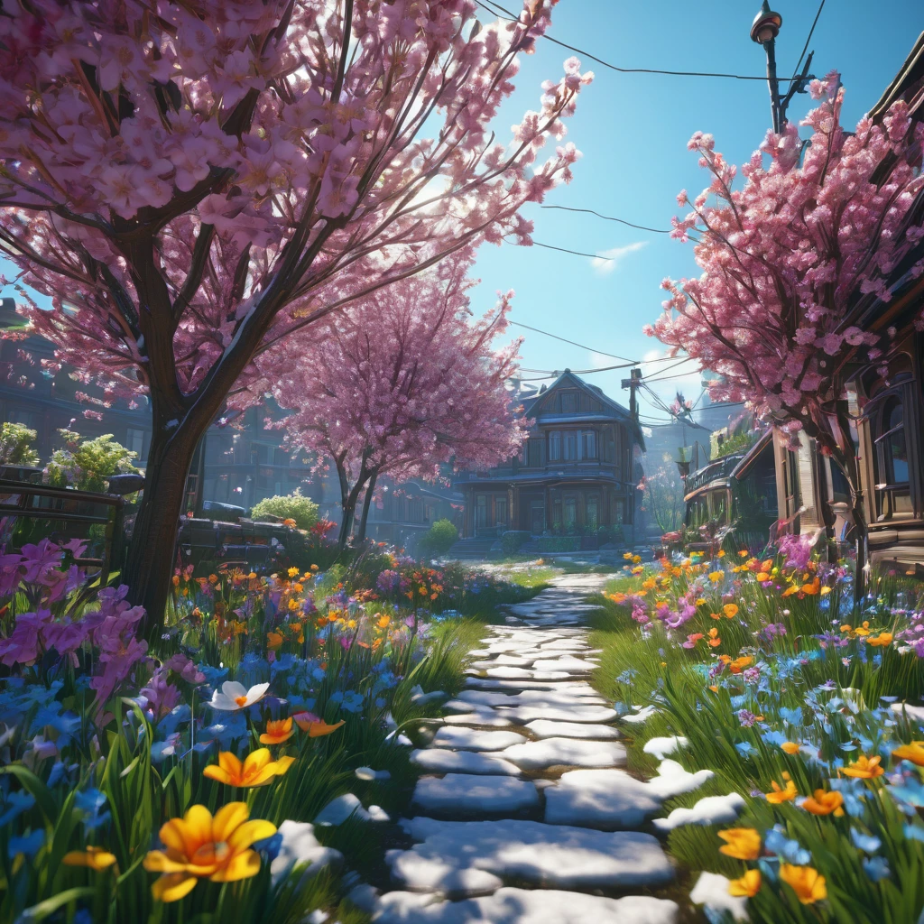 Spring Morning, aesthetic, snow melting away as spring beings with new flowers blooming, 3D Game Cinematic Feel, Epic 3D Videogame Graphics, Intricately Detailed, 8K Resolution, Dynamic Lighting, Unreal Engine 5, CryEngine, Trending on ArtStation, HDR, 3D Masterpiece, Unity Render, Perfect Composition