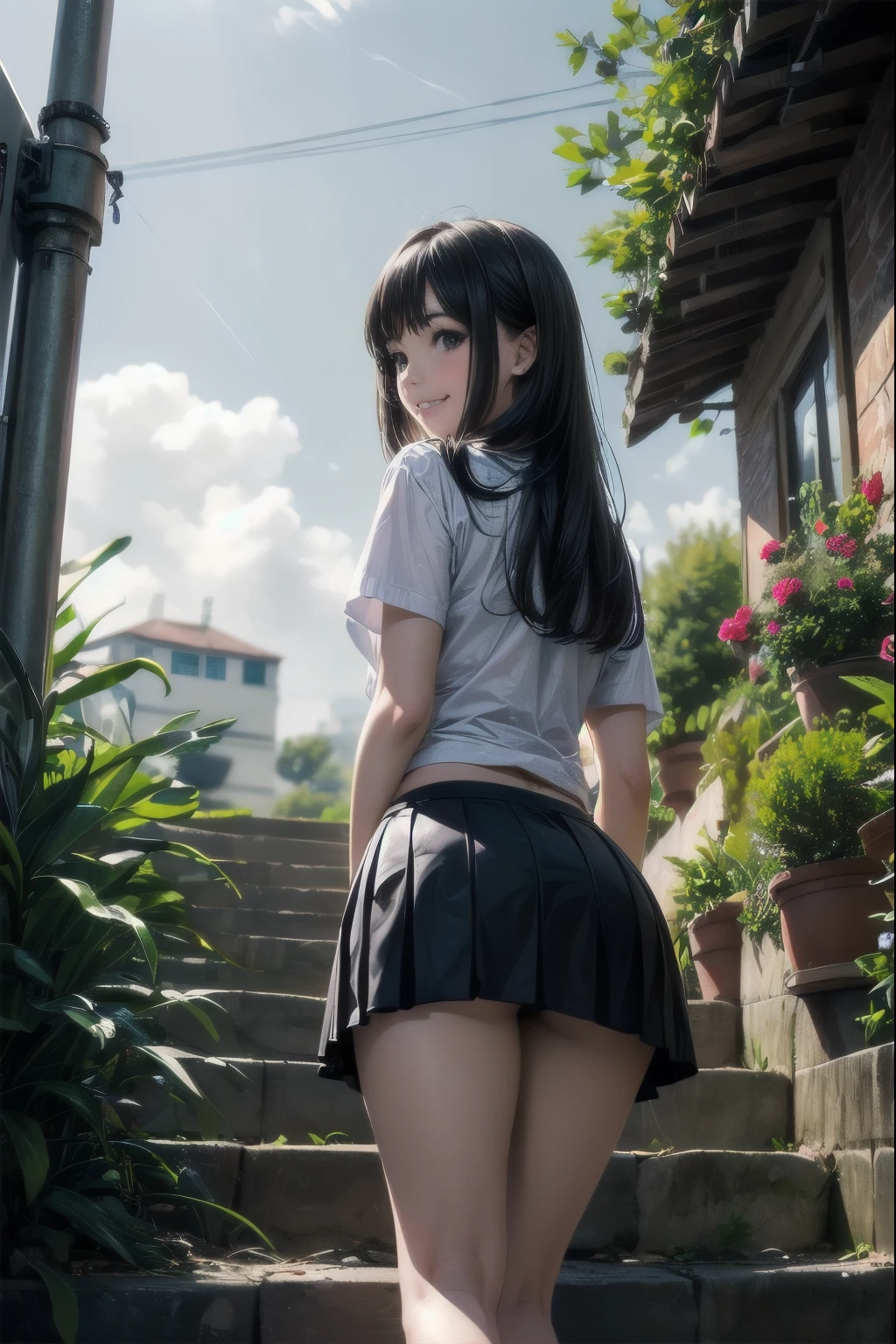very cute and beautiful high school girl,raw photo,realistic,loafers、 smile,black hair,(mini skirt),(Highly detailed beautiful face and eyes:1.2),
smile,black hair,(mini skirt),(from below:1.2),think back,from behind,leaning forward,(cowboy shot),beautiful feet,white panties,
flower garden,stone stairs,
(highest quality,masterpiece:1.2),intricate details,High resolution,1 girl,alone,cinematic lighting,