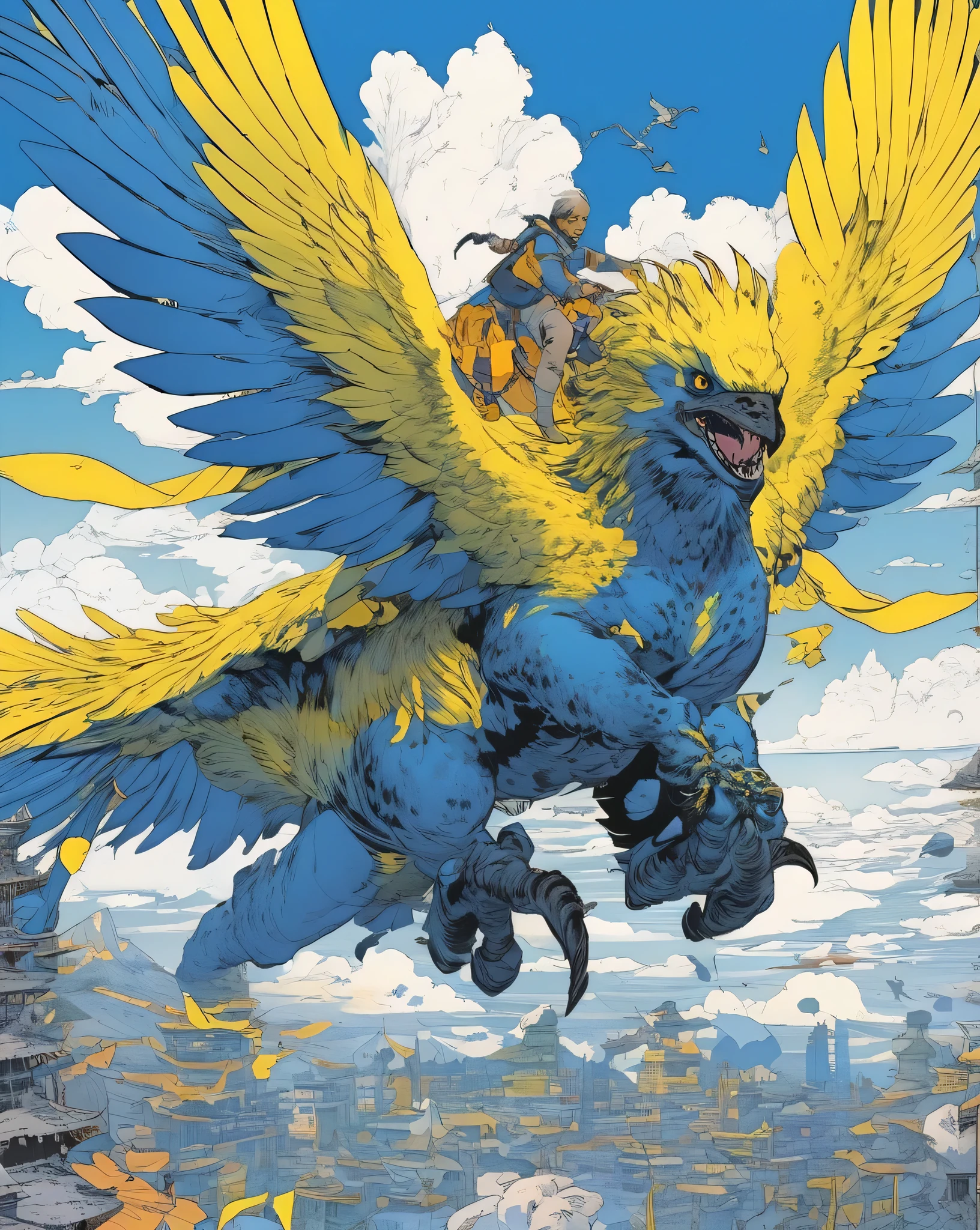 Flying monsters by Laurie Greasley and Takeshi Obata, The desire to achieve enlightenment, feathers are growing、nirvana, yellow and blue, Oil Paint, be familiar with, realistic, 8k uh, high quality、highest amount of information、masterpiece、Detailed writing、