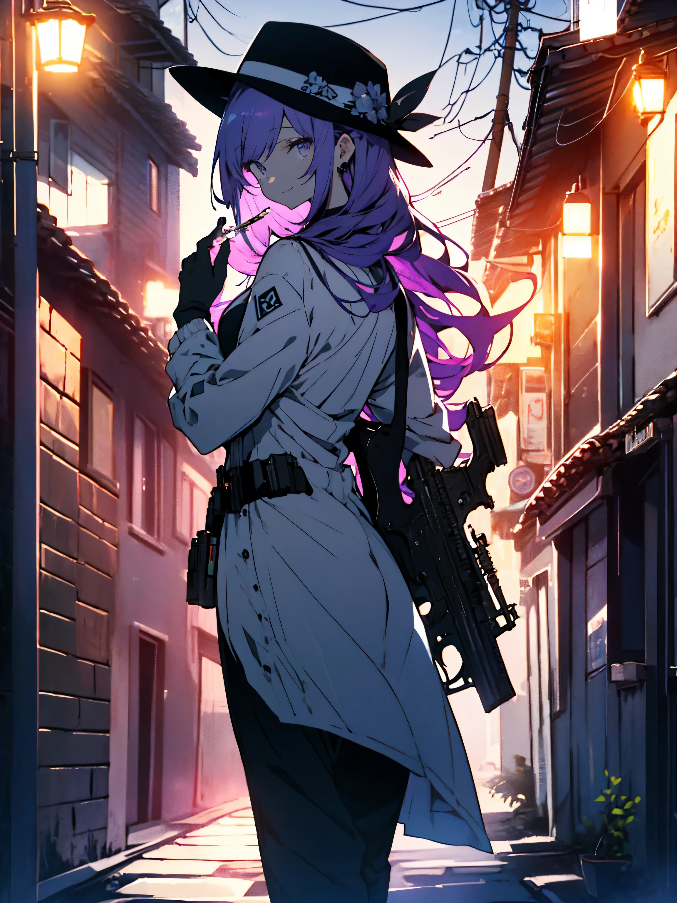(highest quality、masterpiece、High resolution、detailed)、(Shining eyes、detailed beautiful face)、1 girl 20 years old, Dubious smile, White skin beauty, purple hair、good style、black pants suit、white dress shirt、black wide brimmed hat、black gloves、black pumps、(has a gun in one hand)、(Smoking a cigarette in your mouth)、(mafia image)、(back alleys of europe)、(night)、(beautiful anime)
