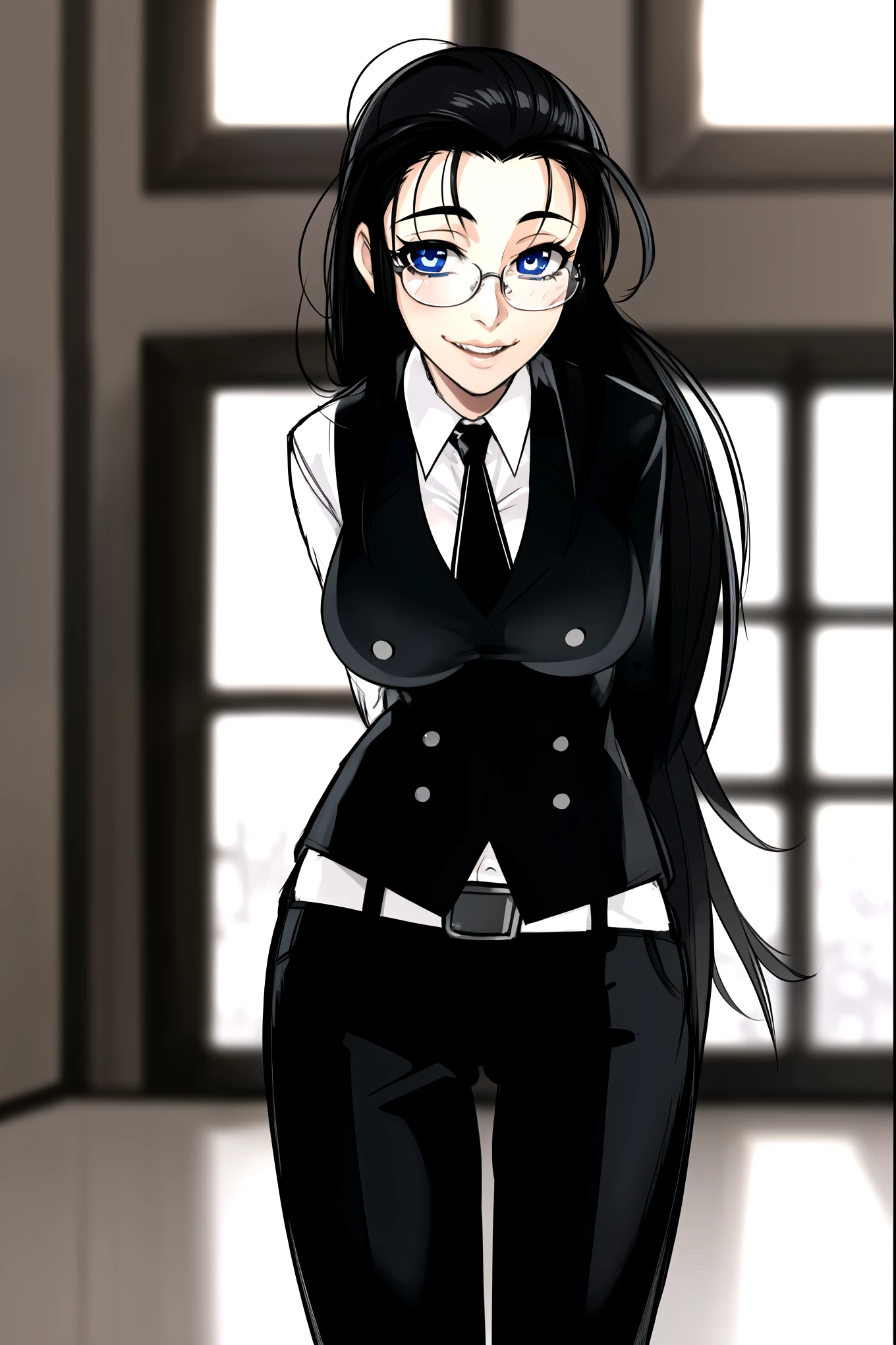 masterpiece, best quality, 1girl, solo, vanwinkle, standing,  female focus, blue eyes, messy hair, suit, glasses, necktie, big breasts, teeth, [[closed mouth]], formal, smile, simple background, pants, ((arms behind back), looking at viewer, indoors, standing, closeup,  boob window, large breasts, face focus, closeup shot, black tuxedo suit